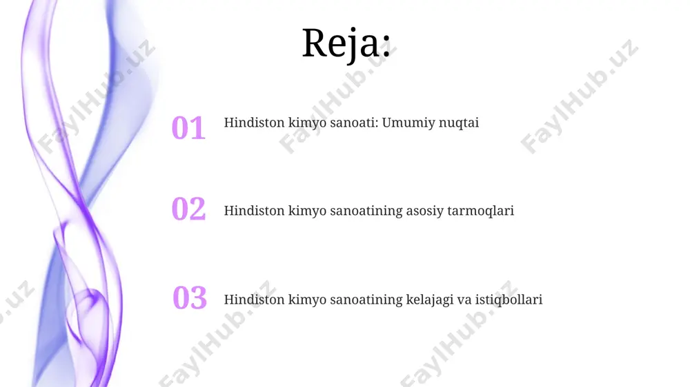 iq foydalaniladi. hindiston kimyo sanoati xomashyo bazasi neft va tabiiy gaz konlarining mavjudligi bilan belgilanadi, yillik ishlab chiqarish hajmi 150 million tonnadan oshadi. kelajak istiqbollari va rivojlanish yo'nalishlari hindiston hukumati kimyo sanoatini rivojlantirish uchun 2030-yilga qadar 10 milliard dollardan ortiq sarmoya kiritishni rejalashtirmoqda, bu esa yangi texnologiyalar va infratuzilmani rivojlantirishga yo'naltiriladi. mamlakatning kimyoviy mahsulotlar eksportining 40% dan ortig'i farmatsevtika, agrokimyo va polimerlarga to'g'ri keladi. hindiston kimyo sanoati umumiy ko'rinishi mamlakatning kimyoviy mahsulotlar eksportining asosiy qismini farmatsevtika, o'g'itlar va petrokimyoviy mahsulotlar tashkil etadi, ularning umumiy ulushi 70% dan oshadi. hindiston kimyo sanoati 2027 yilga borib 300 milliard dollarlik bozor hajmini egallaydi deb taxmin qilinmoqda, bu esa yillik o'sish sur'atini 11-13% ni tashkil etadi. sanoatning tarmoq tuzilmasi mamlakatning kimyoviy mahsulotlar eksporti 2022 yilda taxminan 30 milliard dollarni tashkil etdi va asosan organik kimyoviy birikmalar, o'g'itlar va polimerlarni o'z ichiga oldi. hindistonning kimyoviy sanoati ishlab chiqarishning 70% dan ko'prog'ini ta'minlaydigan kichik va o'rta …