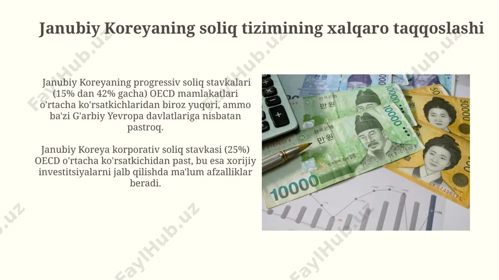 iq imtiyozlari va chegirmalari, masalan, bolalar uchun soliq imtiyozlari mavjud boʻlib, bu ularning toʻlaydigan soliq miqdorini kamaytiradi. soliq toʻlovchining yillik daromadi 50 million krw dan oshsa, progressiv soliq stavkalari 42% gacha yetishi mumkin, bu esa yuqori daromadli shaxslar uchun sezilarli soliq yukini anglatadi. soliq to'lovchilar toifalari soliq to'lovchilarning asosiy toifalariga jismoniy shaxslar, yakka tartibdagi tadbirkorlar va yuridik shaxslarning filiallari kiradi, ularning har biri uchun turli soliq stavkalari va imtiyozlari qo'llaniladi. chet el fuqarolari ham, agar ular koreyada doimiy yashash huquqiga ega bo'lsa yoki ma'lum bir muddat davomida yashagan bo'lsalar, koreya respublikasining shaxsiy daromad solig'i to'lash majburiyatiga ega bo'ladilar. soliq nizolarini hal qilish tartibi soliq toʻlovchilarga soliq bilan bogʻliq nizolarni hal qilish uchun 10 kun ichida rasmiy shikoyat yoʻllash huquqi beriladi, undan keyin 30 kun ichida koʻrib chiqish jarayoni boshlanadi. soliq kodeksiga muvofiq, soliq organlari bilan yuzaga kelgan nizolarni sud orqali hal qilish imkoniyati mavjud boʻlib, daʼvo arizasi uch oy muddat …