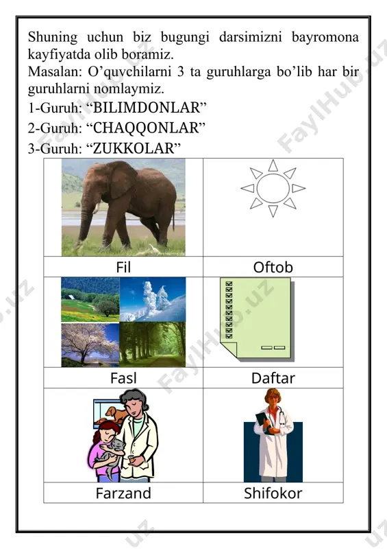 ona. 2-guruh: ota. 3-guruh: non. barcha shart bilan o’quvchilarni tanishtirish shart bo’yicha darsni olib borish. darsda f barcha o’quvchilarni jalb qilib ularni yana bir bor yangi yil nima uchun o’tkazilishini, nima uchun yangi yilni kutib olishimiz haqida tushuntirish. o’quvchilar bilan birgalikda barcha so’zlar o’qib chiqamiz. “fil” she’rni if ifodali va mazmunli qilib o’qib beaman. fil qanday hayvon ekanligi o’quvchilarga tushuntiriladi. fillar yovvoyi hayvonlar turkumiga kiradi. ular hindiston, afrika va xitoy davlatlarida yashaydilar. o’txor hayvon suvni juda yaxshi ko’radi. iv. darsni yakunida o’quvchilarni rag’batlantirish. v. uyga vazifa: o’tilgan harflani takrorlash, darslikni o’qib kelish. image5.jpeg image6.jpeg image7.wmf image8.wmf image9.gif image1.jpeg image2.png image3.jpeg image4.jpeg