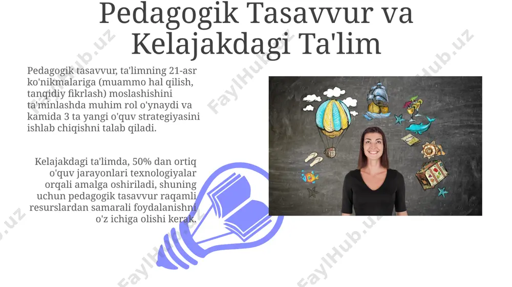 aba bilan o'zaro munosabat pedagogik tasavvur o'qituvchiga 30 dan ortiq turli o'quv uslublarini qo'llashga, talabalarning 5 ta turli o'rganish uslublarini aniqlashga va individual yondashuvni ta'minlashga yordam beradi. samarali o'zaro munosabat, o'qituvchining 20% bilim berish va 80% talabalar bilan muloqotga bag'ishlashini, konstruktiv fikrlashni rivojlantirishni nazarda tutadi. baholashda pedagogik tasavvurning rol pedagogik tasavvur, baholash jarayonida kamida 5 xil turdagi baholash vositalarini samarali birlashtirish va natijalarni ob'ektiv talqin qilishga yordam beradi. ta'lim natijalarini baholashda, pedagogik tasavvur 80% ga yaqin aniqlik bilan o'quvchilarning chuqur tushunchalarini va bilim bo'shliqlari aniqlashga yordam beradi. muammoli vaziyatlarni yechishda pedagogik tasavvur 01 02 pedagogik tasavvur yordamida murakkab muammolarni sodda tarkibiy qismlarga bo'lish orqali (masalan, 4 ta bosqichga) va har bir qism uchun alohida strategiya ishlab chiqish mumkin. sales 1st qtr 2nd qtr 100 0 sales 1st qtr 2nd qtr 100 0 e'tiboringiz uchun rahmat @taqdimot_robot image4.jpg image5.jpg image6.jpg image7.jpg image8.jpg image9.jpg image10.jpg image11.jpg image12.jpg image13.jpg image14.jpg image15.jpg image1.jpeg image2.jpeg …