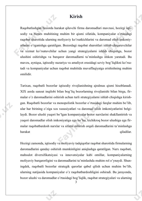 larini oshirishga intilishadi. bu bog‘liqlikni chuqur o‘rganish uchun avvalo bozor ulushi va daromadlarning qanday o‘zaro bog‘liqligi haqida tushuncha berish lozim. bozor ulushi – bu kompaniyaning umumiy bozor hajmidagi ulushi yoki ulushi bozor qiymatidagi ulush sifatida ifodalanadi. bozor ulushi yuqori bo‘lgan firmalar, odatda, bozor narxlarini shakllantirishda muhim rol o‘ynaydi va ularning daromadlari ko‘pincha yuqori bo‘lishi mumkin. bu, ayniqsa, monopolistik yoki oligopol bozor turlarida xarakterlidir, chunki ularga bozor narxlarini nazorat qilish imkoniyati beriladi. ularning daromadlari, odatda, yuqori rentabellik bilan bog‘liq bo‘lib, bu ham raqobatning darajasiga, ham bozor sharoitlariga bog‘liq bo‘ladi. kichikroq bozor ulushiga ega kompaniyalar, odatda, raqobatbardosh narxlarni belgilash va sifatni oshirish orqali daromadlarini ta’minlashga harakat qilishadi. ular uchun bozor ulushini oshirish – bu strategik maqsad bo‘lib, bu orqali ular bozor narxlarini nazorat qilish imkoniyatini kengaytiradilar va daromadlarni oshirish uchun yangi imkoniyatlar yaratadilar. bu jarayonda, ularning daromadlari narx raqobati, mahsulot diversifikatsiyasi va marketing strategiyalari bilan chambarchas bog‘liqdir. raqobatli bozor sharoitida bozor ulushi …