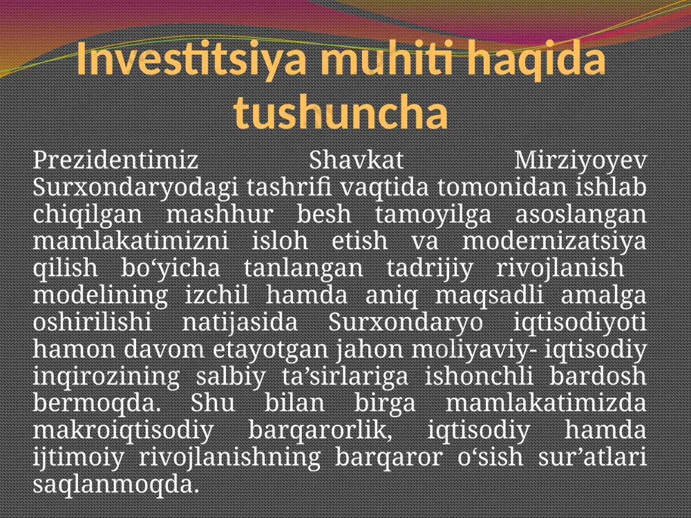 lish, navoiy kon-metallurgiya kombinatida ishqorli yuvish sexini kengaytirish, texnik va texnologik qayta jihozlash (i-bosqich), samarqand viloyatida yuk avtomobillari va tarkibiy qismlarini ishlab chiqarish bo‘yicha yangi kompleksni tashkil qilish (ii bosqich – yig‘ish shlari), “white machine technology” mas’uliyati cheklangan jamiyati qo‘shma korxonasida lcd televizorlari ishlab chiqarishni yo‘lga qo‘yish, navoiy shahri aeroportida yo‘lovchi terminalini rekonstruksiya qilish, akademik v .vohidov nomidagi respublika ixtisoslashtirilgan jarrohlik markazi qoshidagi kardiojarrohlik bo‘limini rekonstruksiya qilish va jihozlash kabi qator loyihalar shular jumlasidandir. www.arxiv.uz joriy yilda “navoiy” erkin industrial-iqtisodiy zonasi hududida ishga tushirilgan 11 ta korxona tomonidan umumiy qiymati 47,7 milliard so‘mlik mahsulot ishlab chiqarildi. bundan tashqari, “navoiy” erkin industrial-iqtisodiy zonasida 7 ta yangi investitsiya loyihasi amalga oshirilmoqda, shulardan 3 loyiha bo‘yicha ob’ektlarda qurilish- montaj ishlari bajarilmoqda. shuningdek, yangi tashkil etilgan «angren» maxsus industrial zonasi hududida qiymati 185,8 million dollarlik 8 ta investitsiya loyihasini amalga oshirish boshlandi. navoiy issiqlik elektr stansiyasida bug‘-gaz qurilmasi va gaz siqish kompressor stansiyasini qurish, …
