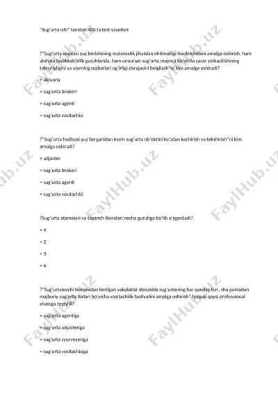 “sug‘urta ishi” fanidan 400 ta test savollari — DOCX