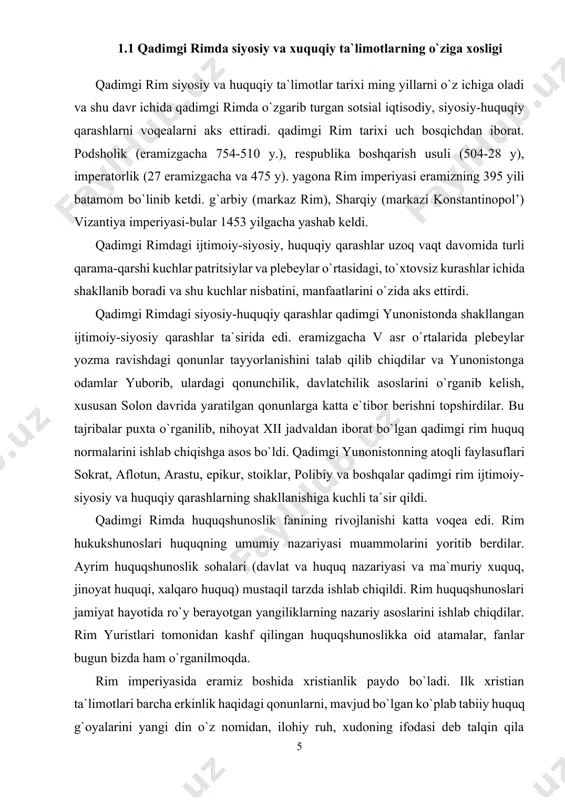 i qonunlar tayyorlanishini talab qilib chiqdilar va yunonistonga odamlar yuborib, ulardagi qonunchilik, davlatchilik asoslarini o`rganib kelish, xususan solon davrida yaratilgan qonunlarga katta e`tibor berishni topshirdilar. bu tajribalar puxta o`rganilib, nihoyat xii jadvaldan iborat bo`lgan qadimgi rim huquq normalarini ishlab chiqishga asos bo`ldi. qadimgi yunonistonning atoqli faylasuflari sokrat, aflotun, arastu, epikur, stoiklar, polibiy va boshqalar qadimgi rim ijtimoiy-siyosiy va huquqiy qarashlarning shakllanishiga kuchli ta`sir qildi. qadimgi rimda huquqshunoslik fanining rivojlanishi katta voqea edi. rim hukukshunoslari huquqning umumiy nazariyasi muammolarini yoritib berdilar. ayrim huquqshunoslik sohalari (davlat va huquq nazariyasi va ma`muriy xuquq, jinoyat huquqi, xalqaro huquq) mustaqil tarzda ishlab chiqildi. rim huquqshunoslari jamiyat hayotida ro`y berayotgan yangiliklarning nazariy asoslarini ishlab chiqdilar. rim yuristlari tomonidan kashf qilingan huquqshunoslikka oid atamalar, fanlar bugun bizda ham o`rganilmoqda. rim imperiyasida eramiz boshida xristianlik paydo bo`ladi. ilk xristian ta`limotlari barcha erkinlik haqidagi qonunlarni, mavjud bo`lgan ko`plab tabiiy huquq g`oyalarini yangi din o`z nomidan, ilohiy ruh, xudoning ifodasi …