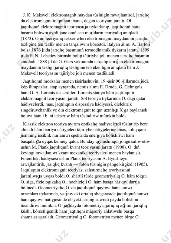 . olardan lyuminissensiyalanuvchi ekranlar tayarlawda paydalanıladı. bul ekranlar rentgenologiya, televidenie, ólshew ásbapları hám áskeriy texnikada isletiledi. fotoelektr hádiysege tiykarınan ólshew ásbapları, túr-túrli jarıqlıq relelari oylap tabıw etildi. o. texnikası hám mashinasozlikda metall yamasa ob'yektni baqlaw jarıqlıq intenferensiyasi hádiysesine tiykarlanǵan. jarıqlıq difraksiyasi hádiysesi arxitektura akustikasida ultraakustik tolqınlardı optikalıq dizimnen ótkeriwge múmkinshilik beredi. rentgen nurlarınıń molekulalar, ásirese, kristallardagi difraksiyasi statiyalar strukturasını analiz etiwde za’ru’rli ilimiy hám ámeliy áhmiyetke iye. fiziologikalıq o. de adam kóziniń optikalıq qásiyetleri, kóz kemshiliklerin optikalıq qurallar (kóz áynekler, linzalar hám basqalar ) járdeminde tuwrılaw, kóz kesellikleriniń kelip shıǵıwına kóz optikalıq qásiyetleri aynıwınıń tásiri hám basqa máseleler uyreniledi. o. dıń ámeliy qollanıw tarawı keń, mas, spektral analiz salasında atom hám molekulalardıń spektrini tekseriw nátiyjesinde statiyalardıń dúzilisin aniklash múmkin. spektral analiz astronomıya, geol., biol., medicina, topraqshunoslik, kórkem ónershunoslik hám kriminalistika jumıslarında ; metallurgiya, mashinasozlikda, neft, ximiya sanaatı, jeńil sanaat, geologiya-qıdırıw jumısları hám basqa de qollanıladı. ózbekstan fa quramında akad. p. …