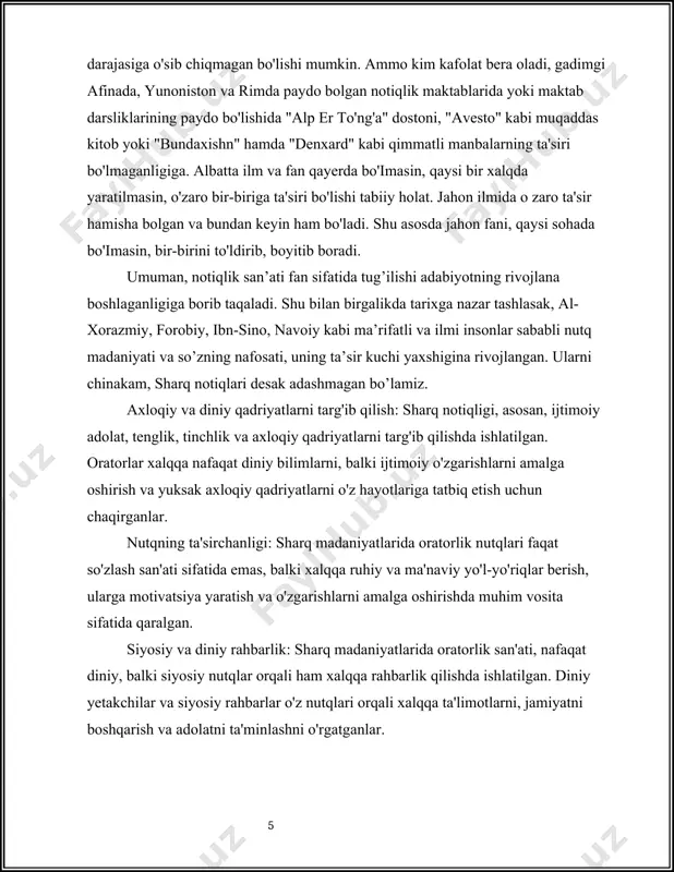 lig'i yoki far’onning nutqlari ham diniy va ijtimoiy hayotning yuritilishini anglatgan. sharq notiqligi an'anaviy ravishda og'zaki yetkazish usuliga asoslangan. ko'plab asar va matnlar og'zaki formatda qoldirilib, keyinchalik yozma shaklga keltirilgan. og'zaki madaniyatning tarixi esa deyarli 3000 yillik davrni qamrab olishi mumkin.sharq notiqligining bir o'ziga xos jihati - bu uning odob-axloq va go'zallikni qadrlashida aks etishidir. ko'pgina sharqiy notiq madaniyatlarida, jumladan, xitoy va eronlarda nutq faqatgina maqsadiga erishishga xizmat qilmay, balki estetik qiziqarli, chiroyli ifodalar va qiyoslar bilan boyitilgan. sharq notiqligi tarixida buyuk talantli shoir va notiqlar, jumladan, rumi va sa'di kabi sharq shoirlari nomini tilga olish kerak. ular o'z davrining turli masalalarini notiqlik sanati orqali ifoda etganlar va juda katta auditoriyalarga ega bo'lganlar. shunday qilib, sharq notiqligi ko'p qirrali va boy madaniy meros bo'lib, bugungi kunda ham o'zining ma'naviy va madaniy qiymatini saqlab qolgan. bu notiqlik san'ati turli mamlakatlar va xalqlar tajribasini birlashtirib, jahon madaniyatida o'ziga xos o'rin tutadi. qadimgi …
