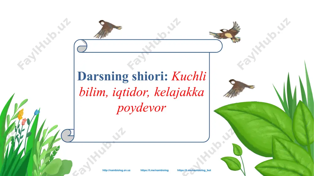 t kembriy davrida iqlim mo‘tadil bo‘lib, o‘simlik va hayvonlar dengizda tarqalgan. ularning ba’zilari o‘troq, ba’zilari suv oqimi bilan harakatlangan. paleozoy erasida hayvonot dunyosi xilma-xil bo‘lgan va nihoyatda tez rivojlanganligi sababli, kembriy davridayoq, hayvonlarning barcha tiplari mavjud bo‘lgan. ikki pallali, qorinoyoqli, boshoyoqli molluskalar, halqali chuvalchanglar, trilobitlar keng tarqalgan va faol harakatlangan. umurtqali hayvonlarning dastlabki vakillari - qalqondor baliqlar paydo bo‘lgan, ularda jag‘ bo‘lmagan. qalqondorlar hozirgi davrda yashayotgan to‘garakog‘izlilar - minogalar va miksinalarning olis ajdodi hisoblanadi. kembriy http://nambiolog.zn.uz https://t.me/nambiolog https://t.me/nambiolog_bot ordovik ordovik davrida dengizlar sathi ortib, unda yashil, qo‘ng‘ir, qizil suvo‘tlari, boshoyoqli, qorinoyoqli molluskalarning xilma-xilligi ortdi. korall riflarining hosil bo‘lishi avj oldi. bulutlar hamda ba’zi ikki pallali molluskalarning turli- tumanligi kamaydi. http://nambiolog.zn.uz https://t.me/nambiolog https://t.me/nambiolog_bot silur davrida tog‘ hosil bo‘lish jarayonlari kuchayib, quruqlik sathi ortdi. iqlim nisbatan quruq bo‘lgan. qirg‘oq yaqinidagi suvlarda tarqalgan ko‘p hujayrali yashil suvo‘tlarining ba’zilari yashash uchun kurash, tabiiy tanlanish tufayli quruqlikka chiqishga muvaffaq bo‘lgan. tuproq dastlabki quruqlikdagi o‘simliklar psilofitlarning …