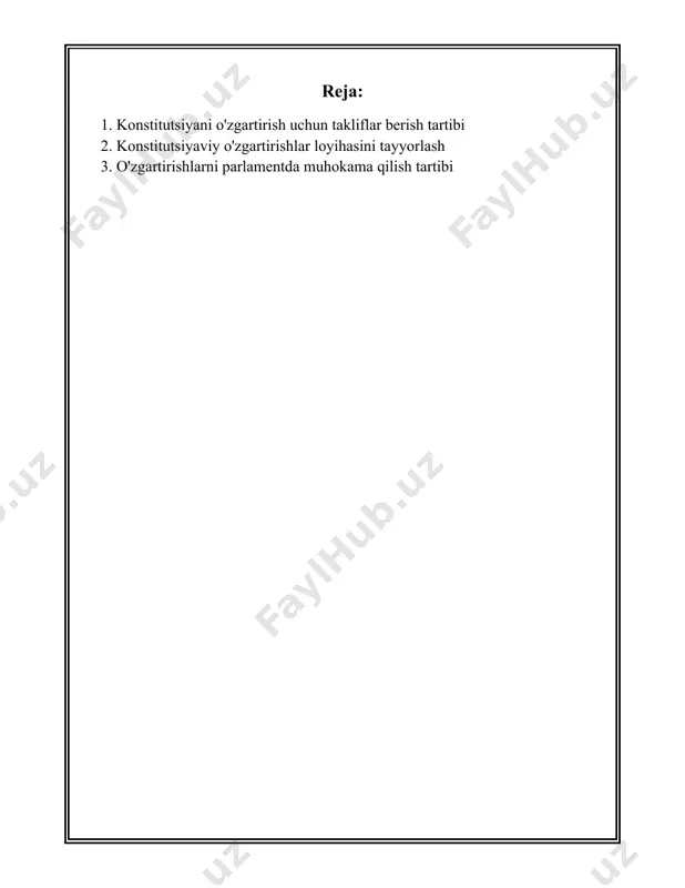 qo'llab-quvvatlash darajasi bilan kiritish mumkin. 4. **parlament qabul qilishi**: takliflar kiritilgandan so'ng, ularni parlament muhokama qiladi. ko'pchilik hukumatlarda konstitutsiyani o'zgartirish uchun qonunchilik organining muayyan qismi (odatda uchdan ikki qismi yoki uchdan bir qismi) tomonidan qo'llab-quvvatlanishi talab qilinadi. 5. **referendum**: ba'zi mamlakatlarda konstitutsiyani o'zgartirish maqsadida umumxalq referendumini o'tkazish talab etiladi. bu jarayon xalqning bevosita ishtirokini ta’minlaydi va o'zgartirishlarning keng miqyosda qo'llab-quvvatlanayotganligini ko'rsatadi. 6. **o'zgartirishning huquqiy kuchga kirishi**: konstitutsiyani o'zgartirish takliflari qabul qilinib ma'qullanganidan so'ng, ular maxsus qonunchilik orqali rasman kuchga kiradi. bu, odatda, davlat boshqaruvi tomonidan e'lon qilinishi yoki rasmiy huquqiy axborot nashrlarida chop etilishi orqali amalga oshiriladi. 7. **o'rnatilgan muddatlar**: aksar hollarda konstitutsiyani o'zgartirish jarayoni maxsus muddatlarga bo'linadi. jarayonning har bir bosqichi, masalan, taklif tayyorlash, uni ko'rib chiqish, ovozga qo'yish va kuchga kiritish aniq muddatlarda amalga oshirilishi lozim. 8. **yakuniy tasdiqlash bosqichi**: konstitutsiyani o'zgartirish bo'yicha parlament tomonidan qabul qilingan qarorlar, ba'zi hollarda yuqori hukumat organlari tomonidan yakuniy tasdiqlashni talab etishi …