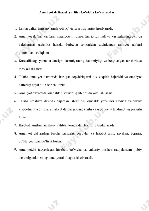 n alohida xavfsizlik texnikasi qoidalari bo’yicha o’tkazilgan sinovdan toliq o’tdi. 5. yuqoridagilarga asoslanib tanishuv amaliyotini o’tashga qo’yildi. men davolash yo’nalishi 1-bosqich guruh talabasi (familiyasi, ismi, sharifi) mehnat muhofazasi bo’yicha umumiy ko’rsatmalar va tibbiyot myossasining ichki tartib va rioya qilinishi zarur bo’lgan aloxida texnika xavfsizlik texnikasi qoidalari bilan to’liq tanishib chiqdim va amaliyot davrida unga to’la rioya qilaman. (familiyasi, ismi, sharifi) (imzo) yuqorida ta’kidlanganlarni tasdiqlayman: tibbiyot muassasida tayinlangan amaliyot rahbari (imzo) (familiyasi, ismi, sharifi) talabaning tanishuv amaliyotini o’tash joylari № amaliyot o’tkazish joylari talabaning vazifalari sana rahbarning imzosi boshlandi tugadi kundalik mehnat muhofazasi va xavfsizlik texnikasidan ogohlantirilganlik haqida qaydnoma № mehnat muhofazasi va texnika xavfsizligi qoidalarining qisqacha mazmuni ko’rsatma berilgan sana ko’rsatma olganligi haqida talabaning imzosi ko’rsatma beruvchining ismi, sharifi, lavozimi va imzosi malakaviy amaliyotining ishchi dasturi № amaliy mashg‘ulot soat 1 klinika faoliyati bilan tanishish. davolash muassasalari faoliyatini tashkil etish. bemorlar umumiy parvarishining mohiyati. ogʻir yotgan turli yoshdagi bemorlarning choyshabini, …