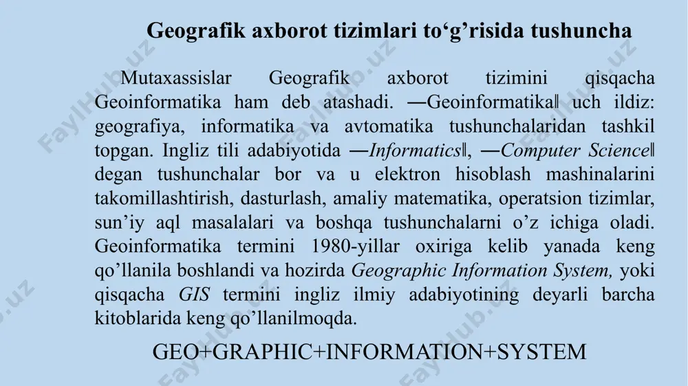 i va “ochiqligi” foydalanuvchilarga dasturlarni o’zlari sozlash, moslashtirish, qo’llash va hatto modifikastiyalash imkoniyatini beradi, foydalanuvchilar “klublari”, telekonferenstiyalar, foydalanuvchilarning hududan tarqoq, lekin yagona tematika bilan bilan bog`langan guruhlarining paydo bo’lishi, geografik ma’lumotlarga bo’lgan ehtiyojning o’sishi, geoaxborot infrastrukturasining sayyora miqyosida shakllana boshlashi. zamonaviy gat ajdodlari avtomatlashtirilgan loyihalash tizimlari (cad – computer-aided design, avtomatlashgan loyihalash tizimi); avtomatlashtirilgan kartografiyalash tizimlari (am – automated mapping, avtomatlashgan kartografiya); tarmoqlarni boshqarish tizimlari (fm – facilities management) cad-tizimlar. bu mashinaviy grafika vositalaridan foydalangan holda avtomatlashtirilgan loyihalash uchun mo‘ljallangan tizimlardir. cad-tizimlarni qo‘llash chizish jarayonini tezlatish, erkin masshtabdagi chizmaning elementlarini izchilroq ko‘rib chiqish hisobiga aniqlikni oshirish, chizmaning sifatini yaxshilash. tuzatishlar kiritish, ko‘p marotaba nusxa ko‘chirish imkoniyati uchun zarur. cad lar kiritish-chiqarish qurilmalarining katta ro‘yxati bilan ishlay oladi, qatlamlar bilan ishlaydi, lekin kartografik axborot bilan ishlamaydi, zero shartli dekart koordinatalar tizimini qo‘llaydi. ilk cadlar fazoviy ma’lumotlarni tahlil qilish masalalarini yechish uchun kam yaroqli edi, chunki ob’ektlarni semantik va tematik ta’riflash qismi …