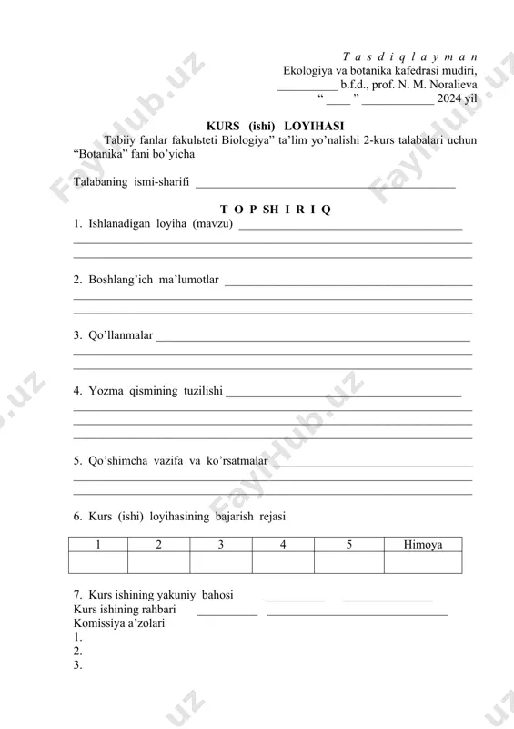 va kafedra nomi. varoqning o’rtasida talabaning familyasi, ismi, otasining ismi, kursi va fakulьtet yoziladi. quyiroqda kurs ishining mavzusi, undan pastroqda o’ngdan ilmiy rahbarning familyasi, ismi, otasining ismi, chapdan uning ilmiy daraja va unvoni ko’rsatiladi. pastda kurs ishi yozilgan yili qayd qilinadi. mundarija– bunda kurs ishining rejasi va uning bob, bo’limlari ko’rsatiladi. mundarija kurs ishining tuzilishiga qat’iy mos bo’lishi, qisqa, lo’nda, ketma-ketlikda va aniq tarzda uning ichki mantiqini ochib berishi zarur. shuningdek, undan ishning har bir bobi va paragrafi qaysi sahifadan boshlanishi aniq ko’rsatiladi. kirish– ishning bu qismida tadqiqot mavzusining dolzarbligi, uning asosiy xarakteristkalari (tadqiqot maqsadi, vazifalari, ob’ekti, predmeti, metodlari, ilmiy - amaliy axamiyati, xajmi) ko’rsatiladi. asosiy qismi– rejadagi asosiy boblar va paragriflarni o’z ichiga oladi. unda tekshirilayotgan masalaning tarixi va nazariyasi ko’rsatiladi, mavjud adabiyotlarning tahlili beriladi, muallifning o’z nuqtai nazari bayon qilinadi. so’ngra mustaqil ravishda o’tkazilgan tadqiqotning metodlari, tashkil etishi va natijalari bayon qilinadi. xulosalar-bu qismda ishning muallif tomonidan ishlab …