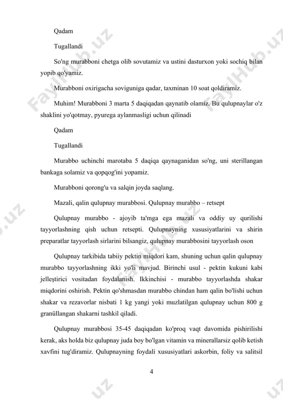 ligi sababli qulupnay murabbosini yanada qalinroq va mazali qiladi. idishni olovga qo'ying va qaynatib oling. shakar kristallari tezroq erishi uchun vaqti-vaqti bilan aralashtiramiz. massa qaynatilgandan so'ng, ko'pikni olib tashlang va olovni minimal darajaga kamaytiring. 35-45 daqiqa davomida past olovda murabbo pishiring. pishirishning aniq vaqti qaysi reza mevalaridan foydalanishimizga bog'liq: muzlatilgan qulupnay yangilariga qaraganda ko'proq suyuqlikni o'z ichiga oladi, shuning uchun murabbo kerakli mustahkamlik va zichlikka erishish uchun ko'proq vaqt talab etadi. idish qanchalik tor bo'lsa, pishirish uchun ko'proq vaqt kerak bo'ladi - past sirt zichligi bilan ortiqcha suyuqlikning bug'lanishi uzoqroq davom etadi. oshxona termometri yordamida murabbo tayyorligini aniqlashingiz mumkin - uning harorati 100-105 o s bo'lishi kerak. termometr yo'q bo'lganda siz oddiy plastinkadan foydalanishingiz mumkin. buning uchun murabbo tayyorlashni boshlashdan oldin muzlatgichga likopcha yoki kichik plastinka qo'ying. vizual ravishda murabbo kerakli zichlikka yetganda, biz muzlatgichdan plastinka olib tashlaymiz, ustiga 1 osh qoshiq qo'yamiz. qulupnay tayyorlash va 1-2 daqiqa kuting. to'g'ri …