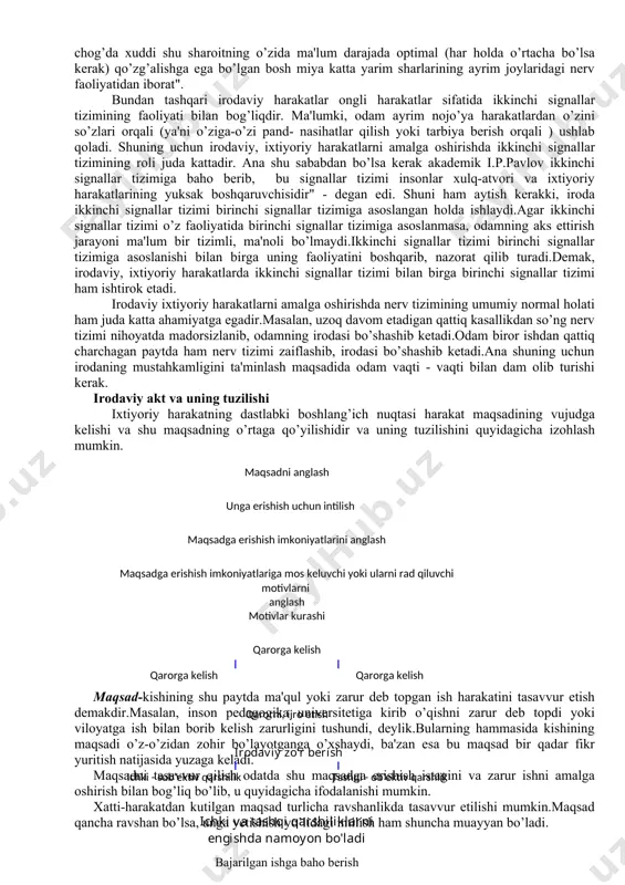 hirish irodaviy harakatlar bosqichlari ) irodaviy harakatlarda har doim maqsad aniq bo’ladi.odam o’z oldiga qo’ygan maqsadidan kelib chiqadigan natijalarni ham oldindan tasavvur eta oladi.ana shuning uchun har qanday qiyinchiliklarni yengib bo’lsa ham maqsadini amalga oshirishga intila boradi. masalan, odam biror imorat solayotgan paytda oxirgi natija qanday bo’lib chiqishini juda yaxshi tasavvur etadi va shuning uchun qanday qiyinchiliklar bo’lsa ham yengib ishni davom ettira beradi. yoki talaba universitetning birinchi kursiga kirganda qanday mutaxassis bo’lib chiqishini yaxshi biladi va shuning uchun barcha qiyinchiliklarga chidab o’qishni davom ettira beradi. umumiy irodaviy faoliyatni yoki alohida aktni amalga oshirishning muhim xususiyatlaridan biri amalga oshirilayotgan harakatlarning erkin ekanligini anglashdan iboratdir. odamning irodaviy harakati to’la-to’kis determinizmga, ya'ni sababiy bog’lanish qonuniga bo’ysunadi.shu bilan birga irodaviy faoliyatning bevosita sabablari sharoitida irodaviy harakatlarni belgilab beradigan turli-tuman hayotiy sharoitlar bo’lishi mumkin. odamning irodaviy faoliyati ob'ektiv jihatdan bog’langandir.irodaviy faoliyatning muhim xususiyatlaridan biri, irodaviy harakatlarni odam hamma vaqt shaxs sifatida amalga oshiradi.xuddi mana …
