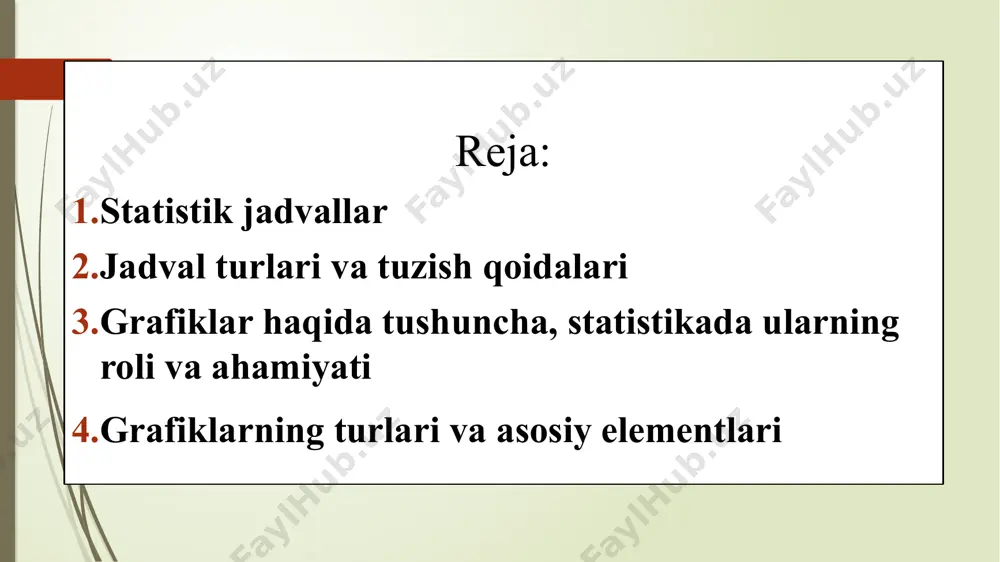 iy unsurlari hisoblanadi. agarda jadval qatorlari va ustunlari o‘z nomlariga hamda umumiy sarlavhaga ega bo‘lib, sonlar bilan to‘ldirilmagan bo‘lsa, u jadval maketi deb ataladi. har bir jadval qisqa, aniq va tushunarli, shu bilan birga ma’lumotlar ma’nosini oydinlashtiradigan sarlavhaga ega bo‘lishi kerak. umumiy sarlavhada jadvalda joylashgan sonlarning asosiy ma’nosi ifodalangan bo‘lishi va shuningdek, qaysi hudud, qaysi davrga nisbatan olinganligi ko‘rsatilgan bo‘lishi, shuningdek, o‘lchov birligi ham berilgan bo‘lishi lozim. statistik jadval chuqur ma’noga ega bo‘lib, ijtimoiy voqea va hodisalarni ifodalashi bo‘yicha uni o‘ziga xos mantiqiy gapga o‘xshatish mumkin. shuning uchun har bir statistik jadvalning egasi va kesimi mavjuddir. har xil ko‘rsatkichlar orqali ta’riflanayotgan statistik to‘plam jadvalning egasi, ko‘rsatkichlar esa jadvalning kesimi hisoblanadi. jadvalning egasi, odatda, jadvalning chap qismida, kesimi esa o‘ng tomonida bo‘ladi. lekin ular aksincha joylanishi ham mumkin 4.1-jadval o‘zbekiston aholisining iqtisodiy faolligi ko‘rsatkichlar 2016 2017 2018 2018y.da 2016y. ga nisbatan %da aholi soni(yil oxiriga, mln.kishi) 22,7 24,0 31,4 108,8 mehnat …