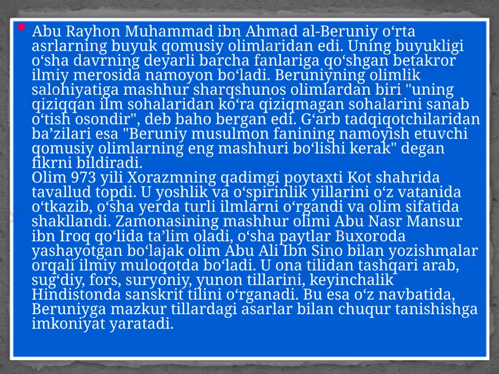 etdi va unga katta shuhrat keltirdi. umuman, beruniy jurjonda o‘ndan ortiq asarlar bitishga muyassar bo‘ldi. www.arxiv.uz www.arxiv.uz beruniy 1004-1017 yillarda xorazmga qaytadi. xorazmning yangi hukmdori abu abbos ma’mun ibn ma’mun beruniyni o‘z saroyida katga izzat-hurmat bilan qabul qiladi. olim xorazmshoh ma’mun rahnamoligida vujudga kelgan ilmiy markazda faoliyat ko‘rsatish bilan birga siyosiy jarayonlarda ham xorazmshohning yaqin maslahatchisiga aylandi. xorazmning mahmud g‘aznaviy tomonidan bosib olinishi beruniy hayotini xavf ostiga qo‘ydi. u xorazmshoh saroyidagi aksariyat olimlar, jumladan, ustozi abu nasr ibn iroq, abu al-xayr xammar va boshqalar bilan birga g‘azna shahriga asir qilib olib ketiladi. ma’lumki, xorazm ilmiy markazi olimlardan faqat ibn sino va abu sahya masihiylar mahmud g‘aznaviy zulmidan xavotirlanib, g‘aznaga emas jurjonga qarab yo‘l olgan edilar. beruniyning 1014-1048 yillarda g‘aznada kechirgan hayoti moddiy va siyosiy jihatdan mashaqqatli bo‘lishiga qaramasdan, uning ilmiy faoliyati uchun eng mahsuldor davr bo‘ldi. u mahmud g‘aznaviy saroyida kechgan dastlabki yillarda astronomiya va geodeziya masalalariga katga e’tibor berdi. …