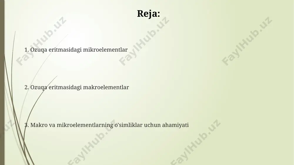 uchun zarurdir. ozuqa eritmasining tayyorlanishi va qo'llanilishi ozuqa eritmasi yordamida tomchilab sug'orish usulida sug'orishda har bir o'simlikka taxminan 1-2 litr eritma yetkaziladi, bu o'simliklarning suv va ozuqa moddalariga bo'lgan ehtiyojini qondiradi. ozuqa eritmasining konsentratsiyasi o'simlikning turiga va rivojlanish bosqichiga qarab 1:10 dan 1:20 gacha o'zgaradi, bu optimal miqdorni aniqlash uchun muntazam ravishda tahlil qilish kerak. ozuqa eritmasini tayyorlashda 1000 litr suvga 15-20 gramm kaliy nitrat, 25-30 gramm ammiakli selitra va 10-15 gramm superfosfat qo'shish tavsiya etiladi, bu o'simliklarning o'sishini va rivojlanishini yaxshilaydi. ozuqa eritmasidagi mikroelementlar ozuqa eritmasidagi temir (fe) miqdori 5-10 mg/l oralig'ida bo'lishi kerak, chunki u xlorozning oldini olish va o'simliklarning yashil rangini saqlashda muhim rol o'ynaydi. marganes (mn) o'simliklarning fotosintez jarayonida ishtirok etadi va uning optimal konsentrasiyasi ozuqa eritmasida 0.5-2 mg/l oralig'ida bo'lishi tavsiya etiladi. sink (zn) o'simliklarning o'sish gormonlarini sintez qilishda ishtirok etadi, shu sababli ozuqa eritmasida 0.1-0.5 mg/l konsentrasiyada bo'lishi muhimdir. ozuqa eritmasidagi makroelementlar magniy (mg) …