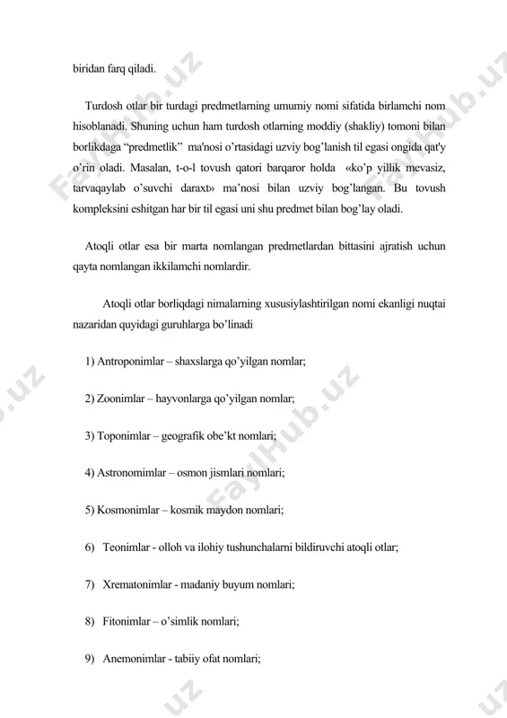 dlanishga ega. bu zidlanish uchun asos bo’lgan quyidagi farqlovchi belgilarni ajratish mumkin: farqlovchi belgililar otning turlari umumiylik xususiylik belgisi atash ma’nosi shakl va mazmun o’rtasidagi aloqa u x ijtimoiy sub’ektiv turdosh + - + + - atoqli - + - - + ko’rinadiki, turdosh va atoqi otlar o’rtasidagi birinchi uchinchi belgiga ko’ra ekvipolent, ikkinchi belgiga ko’ra esa privative zidlanish mavjud. atoqli otlarning mazmuniy guruhini quyidagi jadvalda ko’rsatish mumkin. № otlarning mazmuniy guruhlari turdosh atoqli 1 antroponimlar zoonimlar toponimlar astronomimlar teonimlar xrononimlar xrematonimlar anemonimlar kishi, bola, ayol ot, echki, mol shahar, qishloq planeta, yulduz xudo, payg’ambar asr, soat oltin quymalar, olmos dovul, ko’chki xurshid, jamshid boychibor buxoro, toshkent mars, yupiter olloh, rasul somoniylar davri, ramazon “tuya”, “orlov” sunami foydalanilgan adabiyotlar. 1.i.karivov. yuksak ma’naviyat – engilmas kuch. t., 2008. 2. nigmatovx.g., funktsionalnaya morfologiya tyurkoyazichnix pamyatnikov, x-xp v.v.,t.,1989. 3. nurmonov a va boshqalar. o’zbek tilining mazmuniy sintaksisi. t.,1992. 4. nurmonov a., shahobiddinova sh. …