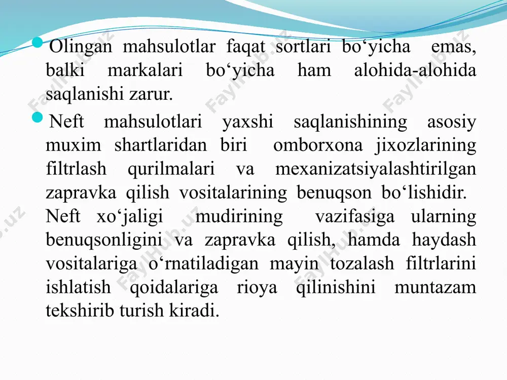 agar isitishning imkoni bо‘lmasa, xona haroratida bir sutka tutib turish mumkin. sinov oxirida plastinka qora dog‘lar bilan qoplansa yoki tо‘qkulrangga kirsa, yonilg‘ida oltingugurtli birikmalar bor bо‘ladi. bunday yonilg‘i ishlatishga yaramaydi. suvda eriydigan (mineral) kislota va ishqorlar. bunday kislota va ishqorlar metallarni kuchli korroziyalaydi, shuning uchun ularning xar qanday yonilg‘ida bо‘lishiga ruxsat etilmaydi. kislota va ishqorlar borligini aniqlash uchun bо‘lish voronkasiga (voronka silindrik idish bо‘lib, yuqori qismi probka bilan zich berkitilgan, pastki qismi esa tо‘kish jо‘mragi bо‘lgan truba bilan tugallanadi) teng miqdorda sinalayotgan yonilg‘i va issiq suv quyiladi. vaqt-vaqtida probkani ochib, voronka ichidagi yonilg‘i va suv 3-4 min yaxshilab aralashtiriladi va tindiriladi. issiq suv neft maxsulotlariga ta’sir qilmaydi, lekin mineral kislota va ishqorlarni tez eritadi. smolalar miqdorini aniqlash. smolalarni aniqlash uchun о‘lchash yoki kо‘z tomizgichi yordamida 1 ml benzin sferik shishaga quyiladi va kuydiriladi. dizel yoqilg‘isini tekshirishda bu miqdorga yana taxminan shuncha miqdorda smolasiz, rangsiz benzin qо‘shiladi. ular yongandan sо‘ng sariq …