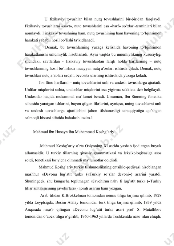 ilingan «devonu lug’atit turk» asari prof. s. mutallibov tomonidan o’zbek tiliga o’girilib, 1960-1963 yillarda toshkentda naso`rdan chiqdi. mahmud koshg’ariyning «devoni» akad. a.n.kononov, prof. h.ne‘matov, prof. f. abdullaev, prof s.usmonov, prof. a.kondrashov, prof.a.nurmonov va boshqalarning taxminicha 1072- 1078; 1078- 1083; 1071- 1073; 1073- 1074; 1076- 1077 yillarda yozilgan. xulosa bitta, asar x1 asrning ikkinchi yarmida tilshunoslik maydoniga kirib kelgan. tilni kishilar o’rtasidagi aloqa vositasi sifatida, jamiyat hayotini aks ettiruvchi ko’zgu sifatida tushungan mahmud koshg’ariy o’zining mashhur «devon»ida aynan bir davrga oid bo’lgan turlicha turkiy tillar hodisalarini, faktlarini sinxron - qiyosiy metod asosida solishtiradi, taqqoslaydi. chunki o’sha davrda aynan mana shu metod arab tilshunosligida juda keng tarqalgan bo’lib, bu arab tilining ko’p shevali til ekanligi xususiyatidan kelib chiqadi.1 «devonu lug’atit turk» asarida turkiy tilshunoslik tarixida birinchi marotaba turkiy til va dialektlarning tasnifi ham beriladi.2 xullas, mahmud koshg’ariy o’zining «devon»i bilan sinxron-qiyosiy tilshunoslikka asos soldi, ayni tilshunoslikning buyuk vakili sifatida tanildi. mahmud koshg’ariy …