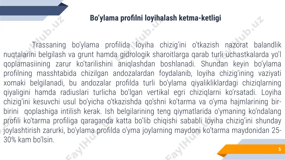 ning yig‘indisi deb tushuniladigan yo‘lning xusni (chiroyligi), yo‘l atrofining xusni. 17 tosh terilgan yo‘llar minsk dinastiyasi davrida xitoyda qurilgan muqaddas yo‘l 18 landshaft loyihalashning muammolaridan biri – joy atrofida ajralib turuvchi yo‘l va yo‘l atrofini “geometrlash” dan saqlash kerak. qatnov qismi va yo‘l yoqasining kengligini o‘zgartirib bo‘lmaydi, ammo ko‘ndalang kesimning qolgan elementlarini ishga halaqit bermasdan quyidagi tadbirlarni qo‘llab geometrik to‘g‘riligini o‘zgartirish mumkin: -yo‘l poyining yon qiyaligi yuqori va pastki qismini silliqlashtirish; -o‘zgaruvchan qiyalikdagi yon qiyaliklarni qurish; -o‘zgaruvchan kenglikdagi ajratuvchi tasmani qurish; -tog‘ oldi hududlarida avtomobil magistrallarining qatnov qismini har xil sathda joylashtirish; -alohida murakkab relyefli joylarda qatnov qismini ayrim holatda trassalash; -yo‘l chetidagi ayrim dekorativ daraxt va butalarni qo‘shimcha kesish yo‘li bilan to‘g‘ri chiziqli va parallelligini yo‘qotish; -ajratuvchi tasmaga daraxtlar ekish; -yo‘l bo‘ylab qor yig‘uvchi va oddiy butalarni mushohada qilib joylashtirish. 19 landshaft zonasining chegarasi bo‘yicha tepaliklar osti va suv ayirg‘ichlari orasidan o‘tgan yo‘l cho‘lli joylardagi bir xil ko‘rinishdagi uzun …