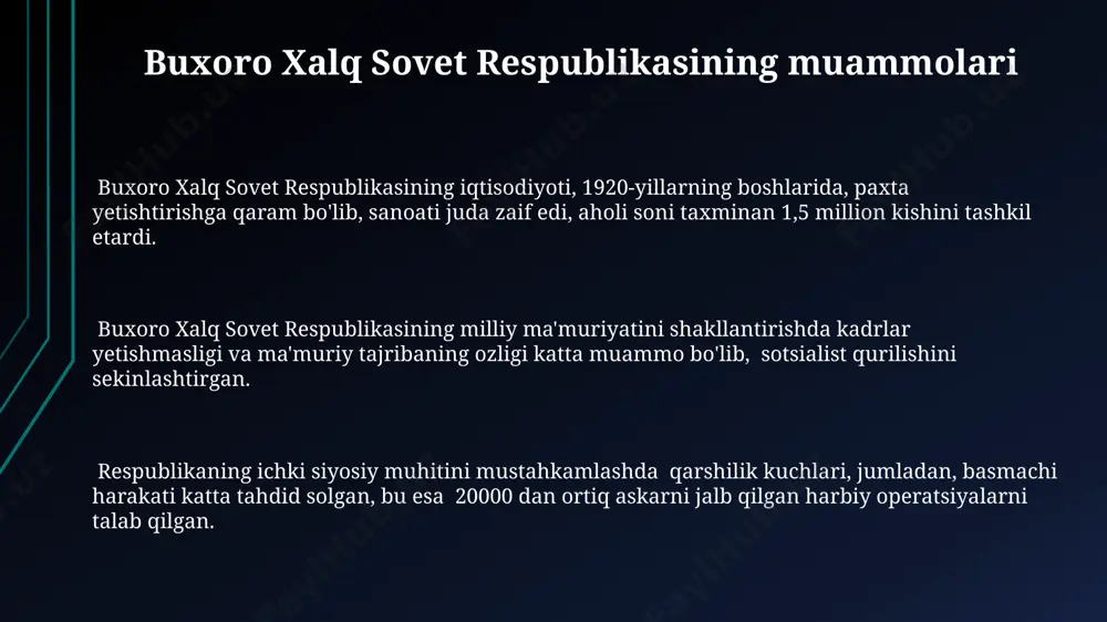 gining 1917 yildagi ahvoli buxoro amirligida 1917 yilda rus qo'shinlari mavjudligi sezilarli darajada kamaygan bo'lsa-da, rus ta'siri hali ham kuchli bo'lib qolgan edi, amirlikning ichki siyosatiga aralashib turishardi. amirlikning yillik byudjeti 1 million rubldan oshmagan, moliyaviy ahvoli juda og'ir edi va bu davlat boshqaruvida korruptsiya keng tarqalgan edi. 1917-yilda buxoro amirligi aholisi taxminan 2,5 million kishini tashkil etgan bo'lib, ularning aksariyati dehqonlar va hunarmandlardan iborat edi, sanoat rivojlanmagan edi. turkiston avtonomiya davri avtonomiya davrida milliy kadrlar tayyorlashga urg‘u berildi, biroq 1924-yilgi milliy chegaralanishdan keyin turkiston aholisining 70% dan ortig‘i yangi tashkil etilgan respublikalarning chegaralaridan tashqarida qoldi. turkiston avtonomiya davri 1922-yilning 27-oktabrda rsfsr tarkibiga qo‘shilishidan oldin, qisqa muddatli bo‘lsa-da, o‘zining qonun chiqaruvchi organi – turkiston avtonomiya sovet sotsialistik respublikasi markaziy ijroiya qo‘mitasiga ega edi. turkiston avtonomiya davri, bol'sheviklar tomonidan amalga oshirilgan yer islohoti va kollektivlashtirish siyosatining dastlabki bosqichlarini o‘z ichiga oldi, bu esa qishloq xo‘jaligi ishlab chiqarishida sezilarli o‘zgarishlarga olib keldi. …