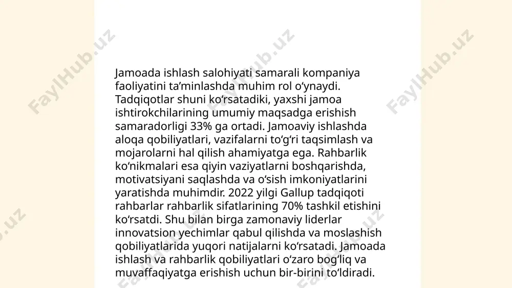 , maktab va ish joyida ko‘zga tashlanadi. til malakalarini rivojlantirish uchun kitob o‘qish, yozma mashqlar va nutqiy amaliyotlar samarali usullar sirasiga kiradi. shuningdek, zamonaviy texnologiyalar internet orqali muloqot imkoniyatlarini oshiradi. ... t.me/slaydai_bot 12. ishlash samaradorligini oshirish strategiyalari quyidagilardan iborat: 1) maqsadlarni aniqlash va ularga erishish uchun aniq reja tuzish. maksimal samaradorlik uchun kundalik va haftalik maqsadlar belgilang. 2) ishni birinchi galdagi vazifalarga ajratib, muhim ishlarni avvalo bajarishni ta’minlang. 3) vaqtni boshqarish tizimlaridan foydalaning, masalan, pomodoro texnikasi. 4) dağtagi qiyinchiliklarni yengish uchun motivatsiyangizni yuqori saqlang. 5) norasmiylikni kamaytirish va mashqlar, meditatsiya bilan ishdan chalg‘imaslikka harakat qiling. 6) samaradorlikni 40% ga oshirish uchun muntazam ravishda qisqa tanaffuslar qiling. 7) texnologiyadan samarali foydalanib, jarayonlarni avtomatlashtirish imkoniyatini o‘rganing. ... t.me/slaydai_bot 13. professionallik va ishda etik standartlar 13. kasbiylik va ishda etik standartlar mavzusi ish joyida axloq qoidalariga rioya qilishni o'z ichiga oladi. kasbiylik xodimlarning bilim va ko'nikmalaridan tashqari, ularning xulq-atvori va munosabatlarini ham qamrab …