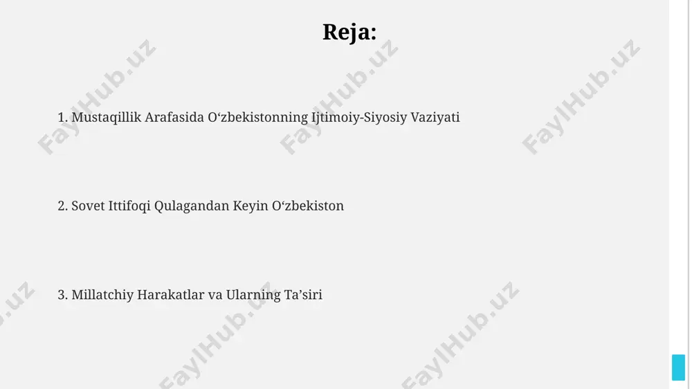 1991-yilda mustaqillikka erishishida kutilmagan geosiyosiy oqibatlarga olib keldi. 1990-yillarning boshidagi jahon geosiyasi, xususan, ikki qutbli dunyoning qulashi va yangi mintaqaviy kuchlarning paydo bo'lishi, oʻzbekistonning tashqi siyosatini shakllantirishda muhim rol o'ynadi. iqtisodiyotdagi oʻzgarishlar va ijtimoiy keskinliklar 1980-yillarning oxirida, andijon va farg'ona vodiysi kabi hududlarda paxta yetishtirishga qaratilgan majburiy mehnat 30% ga yaqin aholini qamrab olgan, ijtimoiy noroziliklarga sabab bo'lgan. uzbekistan iqtisodiyotining asosiy qismi davlat nazorati ostida bo'lib, 1990-yilda yalpi ichki mahsulotning 75% dan ortig'i davlat korxonalariga to'g'ri kelgan, bu esa islohotlarga to'sqinlik qilgan. qishloq xo'jaligidagi kolxoz va sovxozlarning samaradorligi pastligi, toshkent kabi yirik shaharlardagi oziq-ovqat tanqisligi va narxlarning oshishi ijtimoiy taranglikni kuchaytirgan. siyosiy tizimning islohotlari va qarama-qarshiliklari uzun yillar davom etgan kommunistik rejimning qulashi va yangi siyosiy tuzumning shakllanishi jarayonida, 1990-yilda o'zbekiston kommunistik partiyasining monopoliyasi tugatilishi va ko'p partiyali tizimga o'tish muhim qadam bo'ldi, lekin bu jarayon qiyinchiliklar bilan kechadi va muxolifat kuchlarining mavqei zaif bo'lib qoldi. andijon va namangan kabi …
