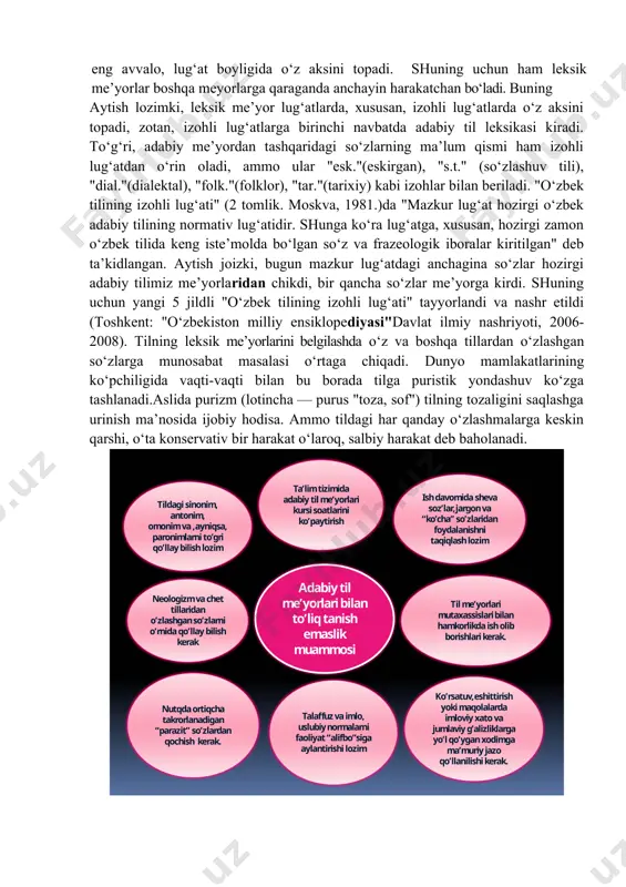 yasalish me’yorlari; 4) morfologik me’yorlar; 5) sintaktik me’yorlar; 6)uslubiy me’yorlar. tabiiyki, adabiy tilning yozma shaklida imlo (orfografik ) va tinish belgilari (punktuatsion) me’yorlari ham mavjud bo‘ladi. bu me’yorlar mutaxassislar tomonidan til qonuniyatlari, shuningdek, tarixiy an’analarga suyangan holda aniq qoidalar shaklida tayyorlanadi va tegishli davlat va tashkilot tarafidan tasdiqlanadi. o‘zbek tili dunyodagi qadimiy va rivojlangan tillardan biri sifatida benihoya boy leksik xazinaga ega. bu xazinadagi so‘zlarning ba’zilari eng qadimgi davrlardan beri yashab kelayotgan bo‘lsa, ba’zilari nisbatan keyinroq paydo bo‘lgan, yana ayrimlarining ma’no miqdori ortgan, boshqalarida esa bu miqdor kamaygan. jamiyatning moddiy va ma’naviy hayotida yuz bergan tarixiy o‘zgarishlar tilning, eng avvalo, lug‘at boyligida o‘z aksini topadi. shuning uchun ham leksik me’yorlar boshqa meyorlarga qaraganda anchayin harakatchan bo‘ladi. buning aytish lozimki, leksik me’yor lug‘atlarda, xususan, izohli lug‘atlarda o‘z aksini topadi, zotan, izohli lug‘atlarga birinchi navbatda adabiy til leksikasi kiradi. to‘g‘ri, adabiy me’yordan tashqaridagi so‘zlarning ma’lum qismi ham izohli lug‘atdan o‘rin oladi, ammo …