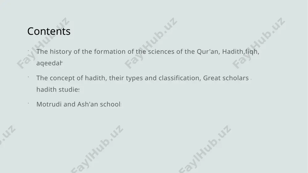 mic jurisprudence and theology, influencing diverse schools of thought and enriching the cultural tapestry of islamic societies, including uzbekistan. classification of hadith: types, authenticity, and the contributions of eminent scholars. 01 types of hadith hadith are classified into categories such as sahih (authentic), da'if (weak), and hasan (good), each varying in reliability and usage in islamic jurisprudence. 02 authenticity criteria the authenticity of hadith is assessed through rigorous criteria, including isnad (chain of transmission) and matn (textual content), ensuring their validity for islamic teachings. 03 eminent scholars' impact scholars like al-bukhari and muslim significantly contributed to hadith classification, compiling collections that remain foundational, shaping islamic jurisprudence and theology across centuries. historical foundations of maturidi and ash'ari schools in islamic theology. maturidi and ash'ari: key islamic theological schools maturidi: focused on rationality in understanding belief originated in samarkand, influenced central asian theology (uzbekistan) ash'ari: emphasized divine revelation over reason established in …