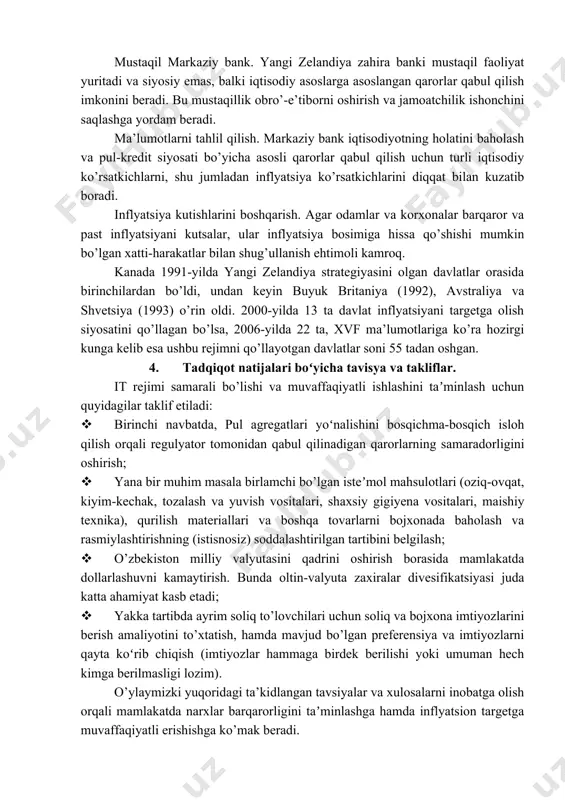l qilgan birinchi davlat bo’ldi. avvaliga narxlarning ikki raqamli o’sish sur’atlariga o’rganib qolgan mamlakatda inflyatsiyani atigi ikki yil ichida 2 foizga tushirish niyati hamma tomonidan masxara qilindi. maqsad rasman qabul qilingandan so’ng, markaziy bank rahbari va uning jamoasi o’rtasida iqtisodiy qarorlar qabul qilinishi kerakligiga hammani ishontirish uchun tinglovchilar bilan - biznes vakillaridan tortib fermerlar va cherkov jamoalari bilan cheksiz uchrashuvlar bo’lib o’tdi va yillik inflyatsiyani 2% dan oshmaydigan darajada bo’lishini ta’kidladilar. “1992-yilga kelib noldan 2 foizgacha bo’lgan target biz cheksiz takrorlaydigan jumlaga aylandi", deb eslaydi brash. 1990-yillarda yangi zelandiyaning inflyatsiya maqsadliligini amalga oshirishdagi muvaffaqiyati bir qancha omillarning natijasi edi. aniq inflyatsiya maqsadi. yangi zelandiya zaxira banki inflyatsiya darajasi uchun aniq maqsadni belgilaydi. muloqot. inflyatsiyani nishonlash tizimida samarali muloqot muhim ahamiyatga ega. markaziy bank inflyatsiya maqsadini va unga erishish uchun foydalanmoqchi bo’lgan strategiyalarni e’lon qiladi. ushbu shaffoflik kutilmalarni shakllantirishga va iqtisodiy agentlarning xatti-harakatlariga ta’sir ko’rsatishga yordam beradi. pul-kredit siyosati vositalari. yangi …