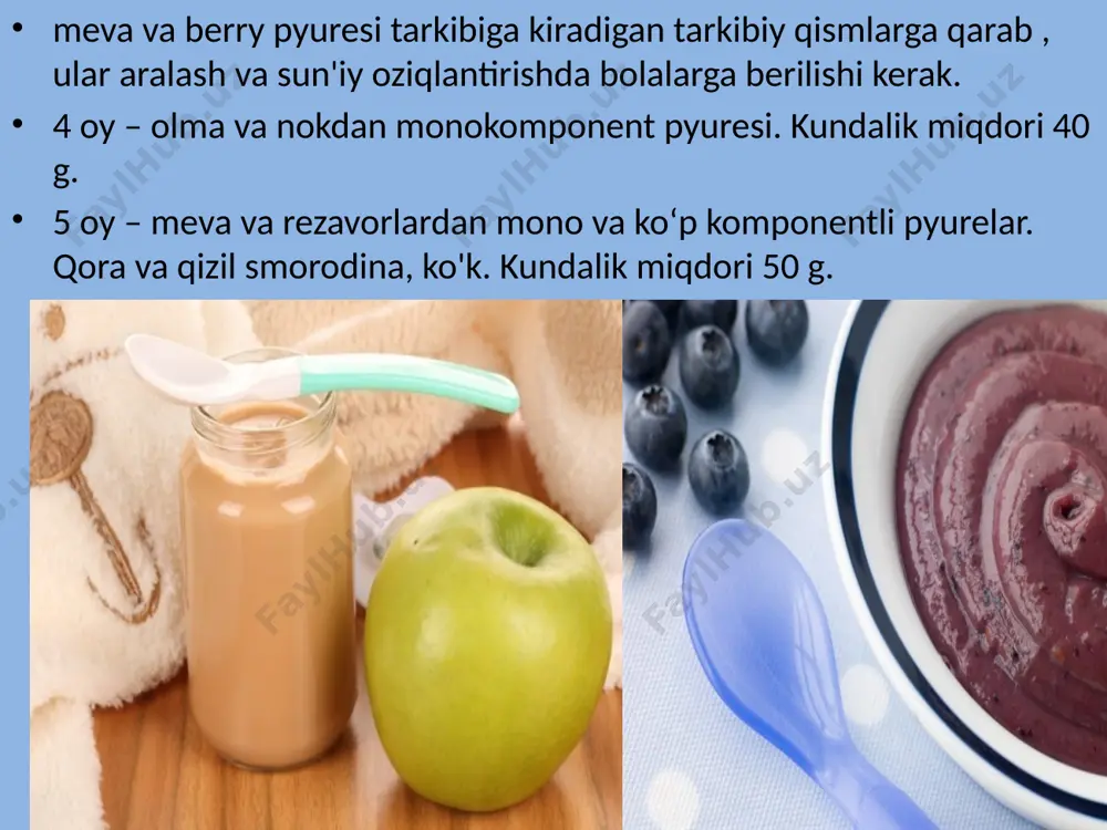 ekin to'g'ridan-to'g'ri quyosh nuri ta'sirida yo'q qilinadi. mevvalarni saqlash 1. pyure do'konlardagi yoki uy qurilishi idishlaridagi kartoshka pyuresidan yaxshiroq nima? bolaning tanasi hali "yoz sovg'alari" ning barcha jozibasini qadrlay olmaydi. bog'dagi ba'zi mevalar navlarining kislotaligi va biriktiruvchiligi , bolaning tanasiga tuproq va o'g'itlar bilan kiradigan mikroblar mo'rt tanaga jiddiy zarar etkazishi mumkin. shuning uchun, hayotning birinchi yilida konserva eng xavfsiz va eng foydali hisoblanadi. u yangi mevalarda mavjud bo'lgan barcha vitaminlarni o'z ichiga oladi . va chaqaloq pyuresi tayyorlash uchun konservant sifatida, odatda, askorbin kislotasi ishlatiladi, bu mahsulotning ozuqaviy qiymatini sezilarli darajada oshiradi . bundan tashqari, uyda pyuresi tayyorlanayotganda, harorat rejimiga qat'iy rioya qilinmaydi va ba'zi vitaminlar yo'q qilinadi. mevalarni pazandalik qayta ishlash 2.yangi mevva agar siz bolangizga yangi mevalarni bersangiz, ularni saqlash qoidalariga rioya qilgan holda, oziqlantirishdan oldin darhol yaxshilab yuvish, tozalash, maydalash yoki bo'laklarga bo'lish kerak. farzandingizning pyuresi yoki tvorogiga maydalangan yoki mayda tug'ralgan mevalar qo'shilishi mumkin. e'tiboringiz …