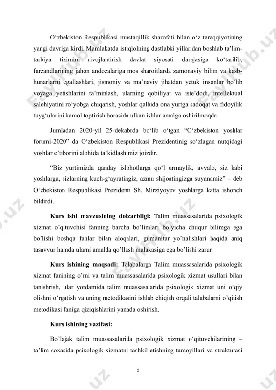 hning birinchi amaliyotchi psixologlari o`z-o`zini tarbiyalash muammosini o`rgangan eksperimental psixologlar edilar. amerika maktablarida aqliy taraqqiyot koeffitsientini aniqlash keng tarqalib, keyinchalik “gaydens” xizmatining rivojlanishiga olib keldi. fransuz maktab psixologiyasining otasi alfred bine bo`lib, u bu sohada 1894 yildan ish boshlagan. 1905 yilda fransiya ta’lim vazirligi binega umumiy dastur bo`yicha o`qiy olmaydigan bolalarni tekshirish muammosi bilan murojaat qiladi va shu tariqa aqliy taraqqiyotda orqada qolgan bolalarni ajratadigan bine-simon testi yaratildi. 1909 yilda fransiyada maktab psixologik xizmati tashkil etiladi. 1970 yilda fransiyada psixologik-pedagogik yordam guruhlari psixologik xizmatning asosiy turini tashkil etdi. bunday guruhlar maktab psixologiyasi bo`yicha bir mutaxassis, ta’lim psixologiyasi bo`yicha bir mutaxassis, psixomotor rivojlanish bo`yicha bir 5 mutaxassisni o`z ichiga oladi. bunday brigada 800-1000 o`quvchiga xizmat qiladi, bir maktabda joylashib, bir necha maktabga xizmat qilishi mumkin. 1985 yilda fransiya pedagog-psixologlarining funktsiyalari aniqlab berildi. pedagog-psixolog shaxsning har tomonlama rivojlanishi uchun qo`lidan kelgan barcha ishlarni qilishi kerak, bunda u bu ishlarga o`qituvchilarni va ota-onalarni …