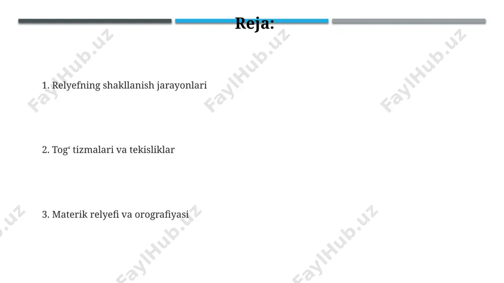 , ularning nisbiy balandligi va kengligi har xil. relyefning iqlimga ta'siri relyefning shimoliy va janubiy yo'nalishlardagi farqi, quyosh nuri ta'sirining o'zgarishi orqali, mikroiklimning shakllanishiga, masalan, qishning shimoliy yon bag'irlarda uzoqroq va sovuqroq bo'lishiga olib keladi. relyefning balandligi 1000 metrdan oshganda, har 100 metr balandlik uchun harorat taxminan 0,6°c ga pasayadi, bu esa iqlimning vertikal zonalligini keltirib chiqaradi. togʻli hududlar yogʻin-sochin miqdorining koʻpayishiga olib keladi, chunki havo massalari togʻ yonbagʻirlariga koʻtarilganda soviydi va kondensatsiyalanadi, bu orqali yillik yog'in 2000 mm dan oshib ketishi mumkin. togʻ sistemasining tuzilishi va xususiyatlari togʻ sistemasining balandligi 8000 metrdan oshadigan choʻqqilar soni, yer yuzasining 5% ini egallaydi va global iqlimga sezilarli taʼsir koʻrsatadi. togʻlarning yoshligi va tektonik faolligi, seysmik xavf darajasi bilan bogʻliq boʻlib, oʻrtacha 7 balldan yuqori zilzilalar roʻy berish ehtimolini oshiradi. alp togʻ sistemasining uzunligi 12000 km dan ortiq boʻlib, turli balandlik zonalarida 30 dan ortiq oʻsimlik va hayvonot turlarining bioxilma-xilligini namoyon qiladi. e'tiboringiz …