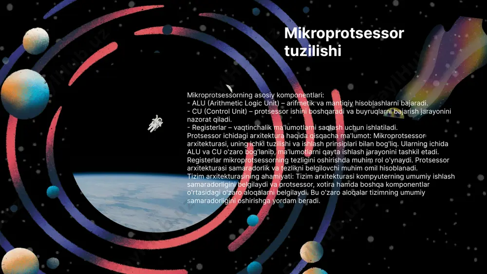 ib, yuqori tezlikda ishlashga qodir. - cisc (complex instruction set computing): o'z ichiga ko'plab murakkab buyruqlarni oladi va dasturiy ta'minot bilan samarali ishlashga imkon beradi. - dsp (digital signal processing): ovoz va video signalni qayta ishlashda qo'llaniladi. afzalliklari va kamchiliklari risc mikroprotsessorlarning afzalliklari tez ishlash va energiya samaradorligidir, lekin murakkab vazifalar uchun kamchiligi mavjud. cisc mikroprotsessorlari ko'p funktsional imkoniyatlarga ega, ammo ularning tezligi risc bilan taqqoslaganda pastroq bo'lishi mumkin. dsp mikroprotsessorlari yuqori samaradorlikka ega, lekin maxsus maqsadlar uchun mo'ljallanganligi sababli, umumiy maqsadli kompyuterlarda foydalanish cheklangan. bular bilan birga, risc va cisc mikroprotsessorlarining samaradorligini ko'rsatadigan diagramma yoki statistik ma'lumotlar qo'shilishi tavsiya etiladi. vs risc mikroprotsessorlari risc (reduced instruction set computer) mikroprotsessorlari oddiy va tez instruktsiyalarni bajarishga mo'ljallangan. ular ko'p hollarda yuqori samaradorlikni taqdim etadi, chunki har bir instruktsiya minimal tsikl ichida bajariladi. misol uchun, risc arxitekturasi mobil va embedded tizimlarda keng qo'llaniladi. cisc mikroprotsessorlari cisc (complex instruction set computer) mikroprotsessorlari bir …