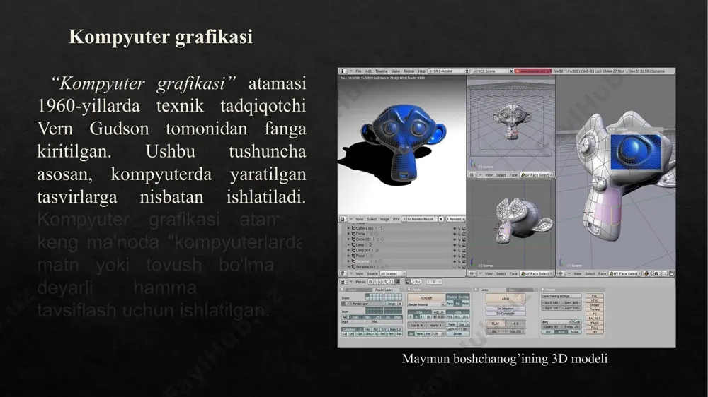 adi. 15.08.2025 « » 15.08.2025 3d model 3d kompyuter grafikasi 3d modellari bilan bir xil. model ko'rsatishdan tashqari, grafik ma'lumotlar faylida mavjud. biroq, 3d modeli har qanday 3d ob'ektning ko'rinishini o'z ichiga olgan farqlar mavjud. vizual ravishda ko'rsatilgunga qadar model grafik emas. chop etish tufayli 3d modellar nafaqat virtual maydon bilan chegaralanib qolmaydi. 3d renderlash - bu modelni qanday ko'rsatish mumkinligiga qarab grafik bo'lmagan kompyuter simulya-tsiyalari va hisob-kitoblarida ham foydalanish mumkin. animatsiyalr namoyishi 01 02 03 grafik dasturlar l;l;lkl 15.08.2025 mashhur kompyuter grafik dasturlari adobe movavi editor 15.08.2025 “marvel” studiosining asosiy murojaat qiladigan grafik dasturlaridan biri movavi editor. undagi fonlar hoyoliy-fantastic tarzda namoyish etilganligi uchun ham dunyo bo’ylab o’zining milliardlab muhlislariga ega. ushbu studia ishlab topayotgan mablag’ 200-300 mln $ yilida. 15.08.2025 marvel studio adobe korparatsiyasi tomo-nidan ishlab chiqilgan shu nomdagi o’z ichiga olgan ilovalar online va offline tarzda rasm, video ovozli xabarlarni qayta ishlaydigan ilovalar to’plami. xususan “photoshop”, “audition”, …