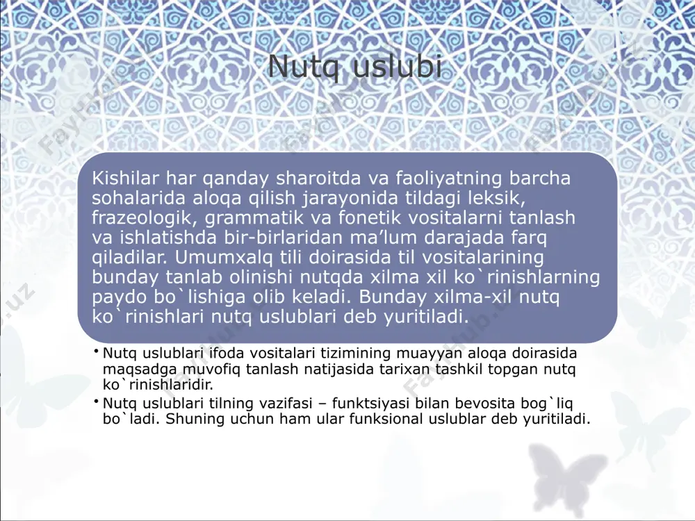 radi; oldini olish, chora ko`rish, aybni ochish, ko`riladi, beriladi, bo`shatilsin; bu uslubda uyushiq bo`lakli gaplar keng qo`llanilib, ayrim o`rinlarda bo`laklar soni 8-10 taga yetishi mumkin; qo`shma gaplardan, xususan, shart ergash gapli qo`shma gaplardan keng foydalaniladi; so`roq va undov gaplar deyarli qo`llanilmaydi, asosan, darak va buyruq gaplar ishlatiladi. rasmiy ish yuritish uslublari ilmiy uslub ilmiy uslub fan, texnika va ishlab chiqarish bilan bog`liq vazifaviy uslubdir. u o`z ichida yana ilmiy texnikaviy, ilmiy-hujjat, ilmiy-ommabop, o`quv-ilmiy kabi bir necha sof ilmiy turlarga bo`linadi. ilmiy uslubning hozirgi zamon taraqqiyoti bilan bog`liq ravishda quyidagi umumiy xususiyatlari bor: axborotning ob’yektivligi, aniqligi; nutqning ma’lumotlarga boyligi; fikrning lo`nda, qisqa ifodalanishi; muallif individualligining sezilmasligi; emotsionallik, obrazlilikning bo`lmasligi; atama, chizma, ramz va jadvallarning bo`lishi; matnning siqiq sintaktik qurilmalardan tuzilishi; adabiy til me’yorlariga qat’iy amal qilinishi; fikrlarning mantiqiyligi va qat’iy tartibda bo`lishi; ellipsis hodisasining bo`lmasligi (nazarda tutilgan birorta so`zning tushib qolishi); turli xil tushunchalarni ifodalovchi otlarning ko`p ishlatilishi; otlarni, asosan, birlikda …