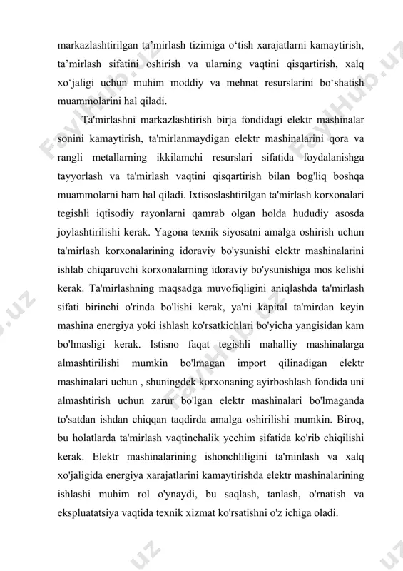 dalanishga tayyorlash va ta'mirlash vaqtini qisqartirish bilan bog'liq boshqa muammolarni ham hal qiladi. ixtisoslashtirilgan ta'mirlash korxonalari tegishli iqtisodiy rayonlarni qamrab olgan holda hududiy asosda joylashtirilishi kerak. yagona texnik siyosatni amalga oshirish uchun ta'mirlash korxonalarining idoraviy bo'ysunishi elektr mashinalarini ishlab chiqaruvchi korxonalarning idoraviy bo'ysunishiga mos kelishi kerak. ta'mirlashning maqsadga muvofiqligini aniqlashda ta'mirlash sifati birinchi o'rinda bo'lishi kerak, ya'ni kapital ta'mirdan keyin mashina energiya yoki ishlash ko'rsatkichlari bo'yicha yangisidan kam bo'lmasligi kerak. istisno faqat tegishli mahalliy mashinalarga almashtirilishi mumkin bo'lmagan import qilinadigan elektr mashinalari uchun , shuningdek korxonaning ayirboshlash fondida uni almashtirish uchun zarur bo'lgan elektr mashinalari bo'lmaganda to'satdan ishdan chiqqan taqdirda amalga oshirilishi mumkin. biroq, bu holatlarda ta'mirlash vaqtinchalik yechim sifatida ko'rib chiqilishi kerak. elektr mashinalarining ishonchliligini ta'minlash va xalq xo'jaligida energiya xarajatlarini kamaytirishda elektr mashinalarining ishlashi muhim rol o'ynaydi, bu saqlash, tanlash, o'rnatish va ekspluatatsiya vaqtida texnik xizmat ko'rsatishni o'z ichiga oladi. 1. uskunalarni tashish va saqlash uning funksionalligi buzilmagan …