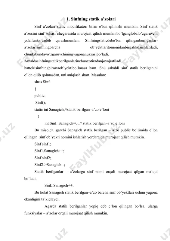 protected modifikatorlar bilan e’lon qilish orqali ularga murojaatni cheklang. sinfning statik berilgan-a’zosini ishlatishga misol. slass s; { public: s() {ob_soni++;} ~s() {ob_soni--;} static int ob_soni ; private: int x; }; int s::ob_soni=0; int main () { s* p_ob=new s[5]; cout class s { public: s() {sanagich++}; ~s() {sanagich--}; //.. static int sinf_sanagichi(){return sanagich;} private: int x; static int sanagich; }; int s::sanagich=0; int main() { s * pob= new s[10]; cout class sinf { mutable int count; mutable const int * intptr;//o’rinli, garchi // ko’rsatgich konstanta butun songa ko’rsatsa // ham o’zi konstanta emas public: int funktsiya(int i=0) const { count=i++; intptr =&i; cout class non { public : int baho; int og`irlik; void yasash ( ); }; void non :: yasash ( ); { cout #pragma hdrstop #include #include #include #pragma argsused int i; struct waw { char fam[15]; char ism[15]; int tel; int date[3]; }; class note { …