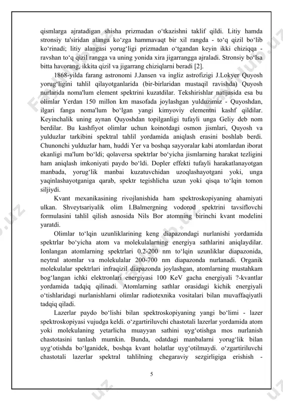 adi. dastlab (1933) ammiakning inversion (qarang inversiya) spektrini tadqiq qilishda qoʻllanilgan. optik spektroskopiya, infraqizil spektroskopiya va myossbauer uspektroskopiyadan farqli ravishda, radioskopiya energiyaning ichki kvantlari spektroskopiyasi hisoblanadi, shuning uchun unda energiyaning bir-biriga yaqin turgan satxlari orasidagi energiya oʻtishlari tadqiq qilinadi. radioskopiya usullari tadqiqotlarda foydalaniladigan fizik effektlarga bogʻliq boʻladi. eng keng tarqalgan usullar; antiferromagnit rezonans, elektron paramagnit rezonans, ferromagnit rezonans, siklotron rezonans, yadroviy magnit rezonans, mikrotoʻlqinlar radioskopiyasi, radioskopiya kvant generatorlar va kuchaytirgichlar, lazerlar, molekulyar generatorlar, aniq vaqt va chastota standartlari va boshqalarning yaratilishiga asos boʻldi [4]. yorug‘lik tо‘lqini tarqalayotganda ikki muhit chegarasidan qaytish va sinish qonunlari bizlarga ma’lum. shu bilan birga yorug‘lik tо‘lqini biror bir moddada tarqalayotganda yutilish bilan birga sochiladi ham. bu hodisani biz kundalik hayotimizda har kuni kuzatamiz. yorug‘likning atmosferada sochilishi natijasida osmon kо‘m-kо‘k bо‘lib kо‘rinadi. agar yorug‘lik atmosferada sochilmaganda edi kunduz kuni ham biz quyosh va yulduzlarni qorong‘i osmonda kuzatgan bо‘lar edik. umuman elektromagnit tо‘lqinni (radiasiyaning) modda bilan ta’sirini …