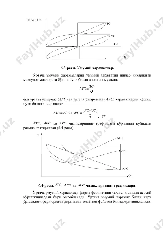 ажат ўзгарувчан харажат функциясидан олинган ҳосилага тенг: . харажатлар функцияси графиклари бир-бирига нисбатан шундай жойлашганки, бошланишда чекли харажатлар камайиб боради (бу ерда асосий сабаб, ишлаб чиқариш масштаби кенгайишининг мусбат самараси ва оптимал технологик ишлаб чиқариш ҳажмига чиқиш ҳамда ўзгармас харажатларнинг камайиши). оптимал ҳажмдан кейинги ишлаб чиқариш ҳажмининг ўсишида кам самарали ресурсларни ишлаб чиқаришга жалб қилиш, ишлаб чиқариш масштабини ортиқча кенгайиши натижасида бошқарув самарадорлигининг камайиши, харажатларнинг ортиши натижасида чекли харажатлар ўсиб боради. ( q c b a afc ac mc avc )умумий, ўртача, ўзгарувчан ва чекли харажатлар графикларининг типик жойлашуви қуйидаги 6.5-расмда келтирилган: 6.5-расм. ва графикларининг ўзаро жойлашуви. расмдан кўриниб турибдики, агар бўлганда чизиғи пастга қараб тушади ва бўлганда ҳам чизиғи пастга қараб камайиб боради. бунинг сабаби - ҳар бир янги қўшимча бирлик маҳсулотни ишлаб чиқариш харажати ишлаб чиқилган маҳсулотнинг ўртача ва ўртача ўзгарувчан харажатидан кичик бўлгани учун, ўртача ва ўртача ўзгарувчан харажатларни камайтиради. агар ва бўлганида ва чизиқлари юқорига қараб …