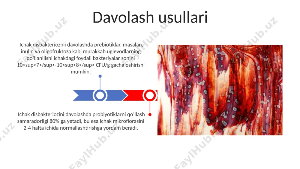 i 2 baravar oshiradi. dorilar va disbakterioz disbakteriozning asoratlari disbakterioz oshqozon-ichak traktining yallig'lanish kasalliklari, masalan, yiringli kolit yoki kron kasalligi xavfini 2-3 baravar oshirishi mumkin. disbakterioz vitaminlarning (masalan, k vitamini va b guruhi vitaminlari) yutilishini buzadi, bu esa qon ketishiga, anemiyaga va boshqa metabolik buzilishlarga olib kelishi mumkin. diagnostika usullari ichak mikrobiotasini tahlil qilish uchun pcr usuli bilan bakteriyalar sonini aniqlash, ayrim patogen bakteriyalarning sonini (masalan, e.coli) aniqlash orqali disbakterioz diagnostikasini osonlashtiradi. ichak disbakteriozini tashxislashda 16s rrnk genini ketma-ket tahlil qilish orqali ichak mikrobiotasining tarkibini aniqlash, 1000 dan ortiq bakteriya turlarini aniqlash imkonini beradi. oziqlanish va disbakterioz probiyotiklarni qo'llash orqali ichakdagi foydali bakteriyalar sonini 5-10 marta ko'paytirish mumki, bu disbakterioz alomatlarini kamaytirishga yordam beradi va ichak mikrobiotasini tiklashga hissa qo'shadi. oziqlanishning noto'g'ri turi, masalan, yuqori miqdorda qayta ishlangan oziq-ovqat iste'moli, ichak mikrobiotasining tarkibini 30% gacha o'zgartirishi mumkin, bu disbakterioz rivojlanishiga yordam beradi. e'tiboringiz uchun rahmat @taqdimot_robot image4.jpg image5.jpg image6.jpg image7.jpg …