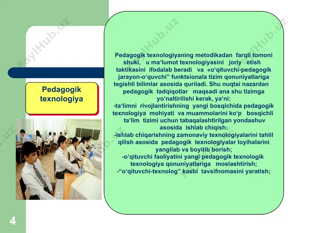 qo'llash va aniqlash tizimidir. (yunesko) * ta'lim beruvchi va ta'lim oluvchining muayyan maqsadga qaratilgan birgalikdagi faoliyatini tashkil qilishning tartibga solingan yo'llar yig'indisi. ta'lim metodlari * ma'ruza to'rt pog'onali aqliy hujum kichik guruhlarda ishlash davra suhbati bahs-munozara rolli o'yin ishbop o'yin muammoli vaziyat loyiha yo'naltiruvchi matn * “aqliy hujum” metodi- - biror muammo bo'yicha o'quvchilar tomonidan bildirilgan erkin fikr va mulohazalarni to'plab, ular orqali ma'lum bir yechimga kelinadigan metoddir. * «aqliy hujum» metodining tuzilmasi muammoli savol beriladi fikr va g'oyalar bildiriladi va jamlab boriladi fikr va g'oyalar guruhlanadi aniq va to'g'ri javoblar tanlab olinadi * “kichik guruhlarda ishlash” metodi- - ta'lim oluvchilarni faollashtirish maqsadida ularni kichik guruhlarga ajratgan holda o'quv materialini o'rganish yoki topshiriqni bajarishga qaratilgan darsdagi ijodiy ish. anglash deganda nimani tushunasiz anglash bosqichida o’rganiladigan material ustida faol ishlanadi. talbalarda bilim, ko’nikma va malakalar hosil bo’ladi. talabalar bilan individual, juftliklardagi va guruhdagi ishlar amalga oshiriladi. talabalarga aniq vazifalar beriladi. ular …