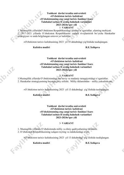 oʻzbekistonning eng yangi tarixi fanidan ii oraliq baholash variantlari — DOCX