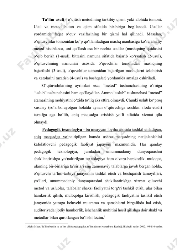 qituvchilar tomonidan ko‘p qo‘llaniladigan mashq manbasiga ko‘ra amaliy metod hisoblansa, uni qo‘llash esa bir nechta usullar (mashqning qoidasini o‘qib berish (1-usul), bittasini namuna sifatida bajarib ko‘rsatish (2-usul), o‘qituvchining namunasi asosida o‘quvchilar tomonidan mashqning bajarilishi (3-usul), o‘quvchilar tomonidan bajarilgan mashqlarni tekshirish va xatolarini tuzatish (4-usul) va boshqalar) yordamida amalga oshiriladi. o‘qituvchilarning ayrimlari esa, “metod” tushunchasining o‘rniga “uslub” tushunchasini ham qo‘llaydilar. ammo “uslub” tushunchasi “metod” atamasining mohiyatini o‘zida to‘liq aks ettira olmaydi. chunki uslub ko‘proq xususiy (so‘z borayotgan holatda aynan o‘qituvchiga xoslikni ifoda etadi) tavsifga ega bo‘lib, aniq maqsadga erishish yo‘li sifatida xizmat qila olmaydi. pedagogik texnologiya - bu muayyan loyiha asosida tashkil etiladigan, aniq maqsadga yo‘naltipilgan hamda ushbu maqsadning natijalanishini kafolatlovchi pedagogik faoliyat japayoni mazmunidir. har qanday pedagogik texnologiya, jumladan umummadaniy dunyoqarashni shakllantirishga yo‘naltirilgan texnologiya ham o‘zaro hamkorlik, muloqot, ularning bir-birlariga ta’sirlari eng zamonaviy talablarga javob bergan holda, o‘qituvchi ta’lim-tarbiya jarayonini tashkil etish va boshqarish tamoyillari, yo‘llari, umummadaniy dunyoqarashni shakllantirishga xizmat …