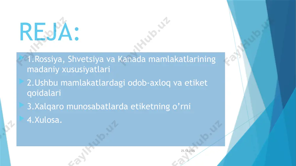 chi davlatlardan biri.biznes yuritishda shved ishbilarmonlari iqlim o’zgarishi, gender tengligi, korrupsiya kabi barcha muammolarni inobatga olib ish yuritadi.shuning uchun 1970-yillardan beri shvetsiya biznes hayotida faqat o’sish kuzatilmoqda va jahon talablariga munosib javob bermoqda. 03.04.2024 shvetsiya biznes etiketidagi muhim jihatlar 1.rejalashtirish va tartib shvetsiyada, finlyandiya va daniyada bo'lgani kabi, biznesni amalga oshirishda ham, ijtimoiy aloqalarni amalga oshirishda ham aniqlik juda muhimdir. bundan kelib chiqadiki, siz hech qachon kechikmasligingiz kerak. agar biron sababga ko'ra kechikishingiz kerak bo'lsa, qo'ng'iroq qilish va kimgadir xabar berish xushmuomalalikdir. kech qolish yomon odob sifatida ko'riladi. 03.04.2024 ishbilarmonlik munosabatlarida, munosabatlarning boshida sovg'alar kamdan-kam hollarda beriladi. avval shved sherigingiz sizga sovg'a berishini kuting. ishbilarmonlik munosabatlarining boshida sovg'a almashish odatiy hol bo'lmasa-da, tranzaktsiyani yopib qo'yganingizda mos keladi. sovg’a turlari masalan, siz kechki ovqatga taklif qilganingizda, mezbon gullar, likyor, sharob, tort yoki shokoladlarni qadrlaydi. xrizantema, oq zambaklar, qizil atirgullar yoki orkidelardan qochish kerak, chunki ular boshqa holatlar bilan bog'liq. shvedlar uchun …