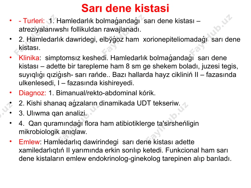 50-70 jasta. reproduktiv jasdaǵı hayallarda kesellik baslanǵanda hayz kemeyip barıp, soń amenoreya juzege keladi. bir waqıtıń ózinde kókrek bezleriniń, jatırdıń atrofiyası, biypushlık, girsutizm, dawsınıń daǵallasıwı, klitordiń gipertrofiyası ham basqalar juzege keladi. bular bir neshe jıl, ayrım jaǵdaylarda bir neshshe ay dawamında payda boladı. ginekologik kórikde birtarepleme, domalaq, ayaqshalı, hareketsheń, ólshemi 30 sm ge shekem bolǵan tuwındını anıqlaw mumkin. emleu: –xiruriyalıq jolı menen. iii. germinogen óspeler: dermoid kista - teratoid toqımadan rawajlanadı. 20-40 jasta ushıraydı. ulken ólshemde bўlmaydi, bir tarepleme, sharsıman formada. uzın ayaqlı. kapsulası qattı, tegis, elastik konsistenciyalı boladı. juda aste ósedi, sol sebepli klinika bermeydi. profilaktik kórikde anıqlaw mumkin. emleu–xiruriyalıq jolı menen. mayeklik teratoblastoması balalık ham óspirimlik dawrinde juzege keledi, mayeklik qawipli óspelerdin 2 – 2,5% quraydı.. teratoblastoma qattı, tegis emes konsistenciyalı, tuyinsimon juzeli bolıp, qan tamırǵa bay boladı, kóbinshe óspe ayaqshasınıń buralıwı ham kapsulasınıń jarılıwı guzetiledi. ascit kesellik ótkizilip jibergenliginen dalalat beredi. teratoblastomanın metastazı gematogen jol arqalı juda …