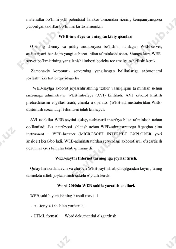g ruyxatlar to’plami muloqot oynasida joylashgan. (format menyusi) muloqot oynasi grafik ko’rinishlardan tashqari , web-sahifalar uchun matn markerlarini taklif qiladi. grafik markerlari gif formatida (gif kengaytmasi bilan) web-sahifa joylashgan katalogda saqlanadi. gorizontal chiziqlar. buni yaratish uchun vstavka menyusida gorizontal liniya buyrug’ini tanlash kerak.vid ruyxatidan kerakli liniyani tanlang. web-sahifani saqlagan paytda liniya ham web-sahifa bilan birgalikda image, gif, image1, gif nomli grafik fayl kabi saqlanadi. fon kushish. word dokumentlarini va web-sahifani jozibador qilish uchun turli xildagi fonlar , shuningdek tekst zalivkasidan foydalaning. faqatgina nashr qilingan hujjatda kurinadigan podlotkani ham yaratish mumkin. jadvallar bilan ishlash. jadval strukturasini yaratish va taxrirlash uchun narisovat tablitcu buyrug’i ishlatiladi. jadval turini matnga kushish uchun dobavit tablitcu buyrug’idan foydalanish kerak. web-sahifada jadvallar ba`zan formatlashtirishning yopik vositasi sifatida foydalaniladi. (masalan, matn yoki rasm joylashtirish uchun) matnga joylashtirilgan jadvallarning chegarasi yukdir. jadvallarga chegara qo’yish uchun tablitca menyusidan granitca buyrug’idan foydalaning. rasmlar bilan ishlash. web-sahifa birinchi marta html formatida saqlanganda, …