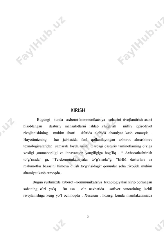 bank, soliq, boshqaruv faoliyatini avtomatlashtirish darajasini yuqori saviyaga ko‘tarish. kurs ishining vazifalari: mavzuga oid ilmiy-metodik, pedagogik-psixologik adabiyotlar, me’yoriy hujjatlarni o‘rganish, darslik, dasturlarni tahlil qilish va xulosalarni umumlashtirish. mavzuning ilmiy-nazariy, metodik hamda amaliy asoslarini tadqiq qilish yo‘li bilan uning dolzarb muammo ekanligini asoslash. bank soliq va boshqaruv faoliyatida interfaol texnologiyalarni tanlash va foydalanish tamoyillari, vositalarini, tashkiliy shart-sharoitlarini aniqlash va ilmiy jihatdan asoslash. ishning xajmi va tuzilishi: kirish, 1 bob, 5 qism , xulosa va foydalanilgan adabiyotlar ro’yxatidan iborat. 1.1 zamonaviy dasturlash dasturlash – kompyuterlar va boshqa mikroprosersorli elektron mashinalar uchun dasturlar tuzish, sinash va ozgartirish jarayonidan iborat. odatda dasturlash yuqori saviyali dasturlash tillari (delphi, java, c++, python) vositasida amalga oshiriladi. bu dasturlash tillarining semantikasi odam tiliga yaqinligi tufayli dastur tuzish jarayoni ancha oson kechadi. ada lovelacening birinchi kompyuter dasturi dunyoda eng birinchi kompyuter dasturi 1842-43-yillarda ada lovelace tomonidan charles babbage yaratgan analitik mashina uchun yozilgan bolib, bu matematikadagi bernulli sonlarini hisolbashga …