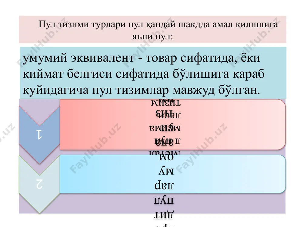 республикага тегишли умумий бойлик ва мулкдир»1 1и. каримов «ўзбекистон иқтисодий ислоҳотларини чуқурлаштириш йўлида» т.: «ўзбекистон» 1995, 217 бет. пулнинг барқарорлиги деганда, пулнинг сотиб олиш қийматининг ўзгармаслиги ва валюта доимийлиги тушунилади. ўзбекистон республикаси пул тизими элементлари қуйидагилар ҳисобланади: – пул бирлигининг номи; – пул бирлигининг турлари - қоғоз ва металл пуллар; – уларни муомалага чиқариш қоидалари; – пул, кредит, валюта бошқарувини амалга оширувчи давлат органлари; – нақд пулсиз тўлов айланмаси ва кредит пуллар (чек, вексел) муомаласини олиб боришда давлат томонидан белгиланган шартлар; – миллий валютани четга олиб чиқиш ва четдан олиб келиш қои-далари; – халқаро ҳисоб-китобларни ташкил қилиш асослари; – миллий валютани чет эл валютасига алмаштириш тартиби ва давлат томонидан ўрнатилган валюта курси. ўзбекистон миллий пул тизимининг асосий элементи бўлмиш сўм жамият манфаатларига хизмат қилади. шунинг учун пул тизимининг асосий вазифаси миллий пулимизнинг қадрини мустаҳкамлашдан иборат. бу жуда масъулиятли ва осон бўлмаган вазифа. ўзбекистоннинг ўз иқтисодиётини бозор талабларига мос равишда ривожлантиришга …