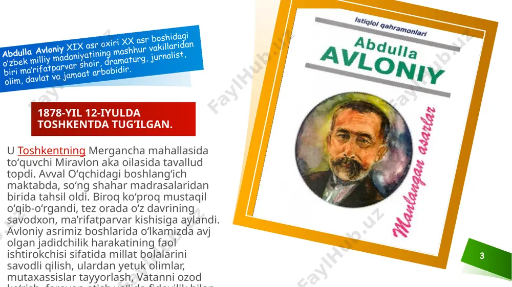 ursa aslina roje’ bo‘lurmi man g‘amnok? 11 maktab maktabdur oftobi jahon saodating, maktabdur osmoni zamon sabovating. maktab u joyi dilkash shirin maqomdur, maktab behishtu jannat hur tabiating. maktab dilingga sochg`usi ilmu fununni, maktab ziyoda qilg`uchidir aqlu hikmating. maktab qo`lingni tutdimi, boshlar hidoyata, maktab raisu rahbaridur din, millating. 12 ilm ilmdur ikki jahon manzilining a`losi, ilmdur ikki jahon masnadining bolosi, ilmdur ikki jahon rohatining ma`vosi, ilmdur ikki jahon shavkatining barposi, yashamak istar esak, ilma ravon o`lmaliyuz. ilmsiz qolsak, asoratga nishon o`lmaliyuz. 13 asarga sharh abdulla avloniyning “muxtasar tarixi anbiyo va tarixi islom” asari ham mavjud. ushbu asar boshlang`iч maktablarning o`quvchilariga mo`ljallangan. bu asar birinchi marta 1910 yilda munavvarqori tomonidan toshkentda il’in bosmaxonasida bosilgan. mustaqillik yillarida esa zokirxon afzalov shokirxon o`g`li tomonidan 1994 yilda “fan” nashriyotida chop etilgan. risolada odam alayhissa-lomdan muhammad alayhissalomgacha o`tgan payg`ambarlarning qissalari va zuhuri islom zikr etilgan. 14 hamza hakimzoda niyoziy hamza hakimzoda niyoziy (1889.6-martda qoʻqon — 1929. …